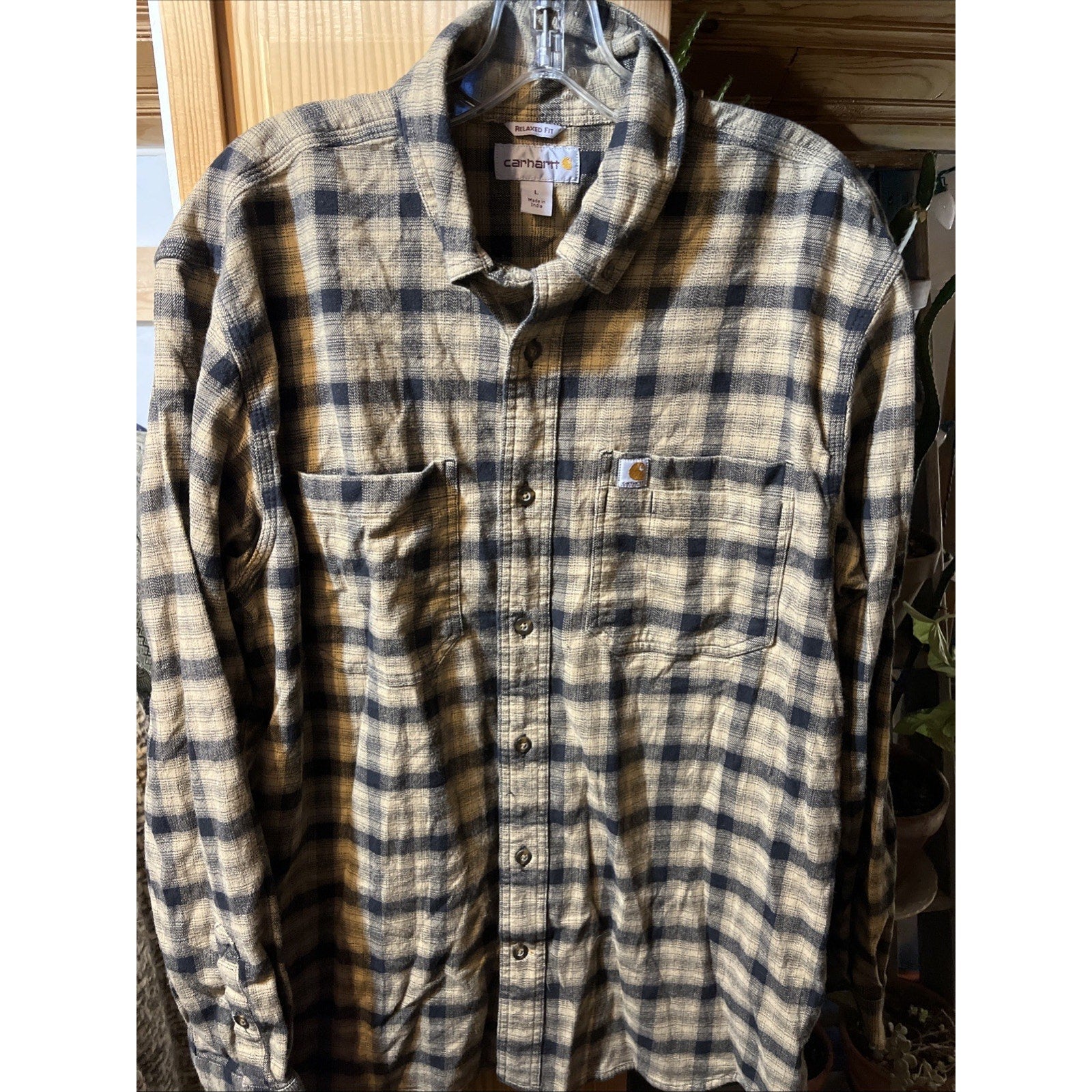 Carhartt Shirt Mens L Brown Plaid Outdoor Relaxed Fit Button Workwear Western