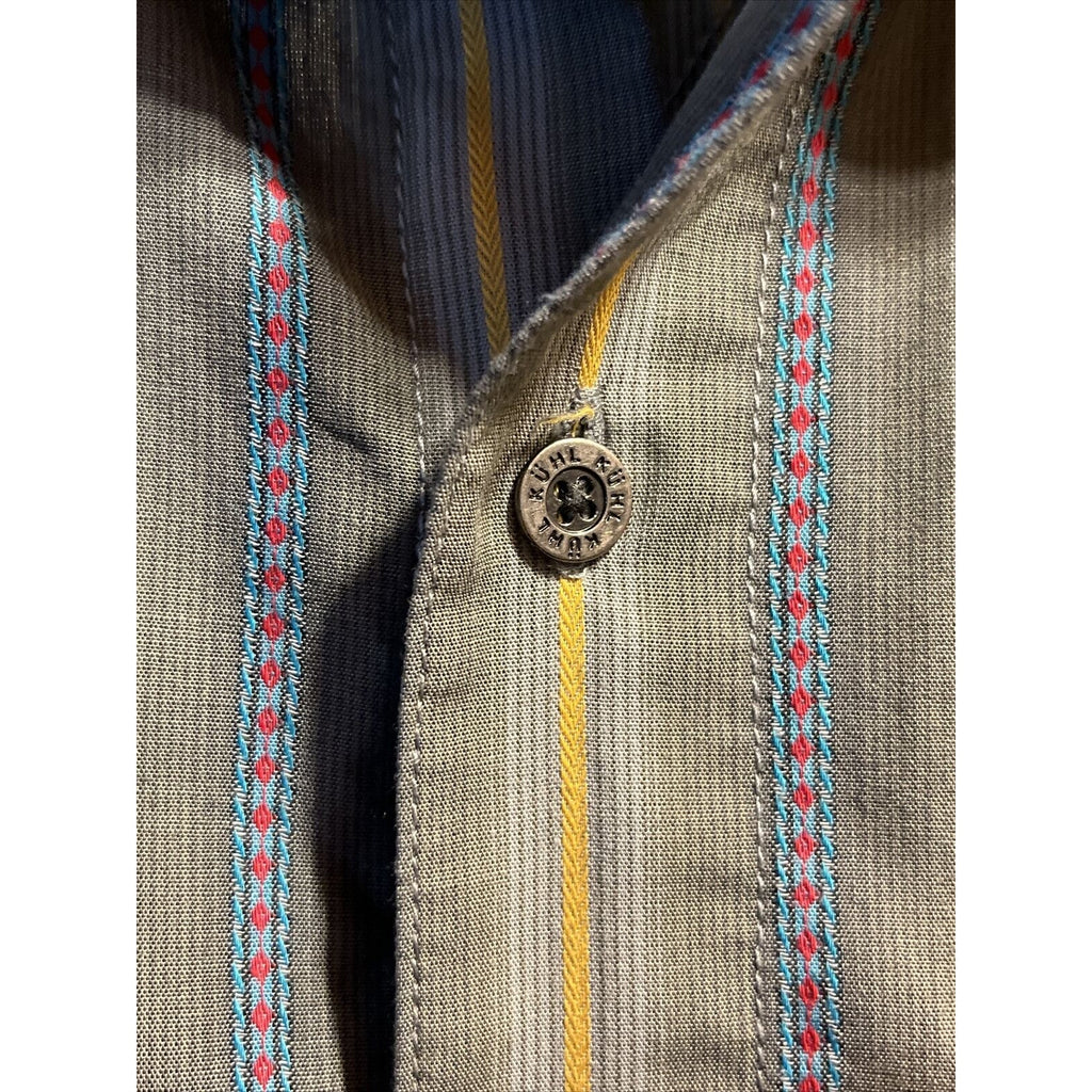 Kuhl Men's Sz L Gray Striped Button Down Short Sleeve Pocket Cotton Poly Shirt