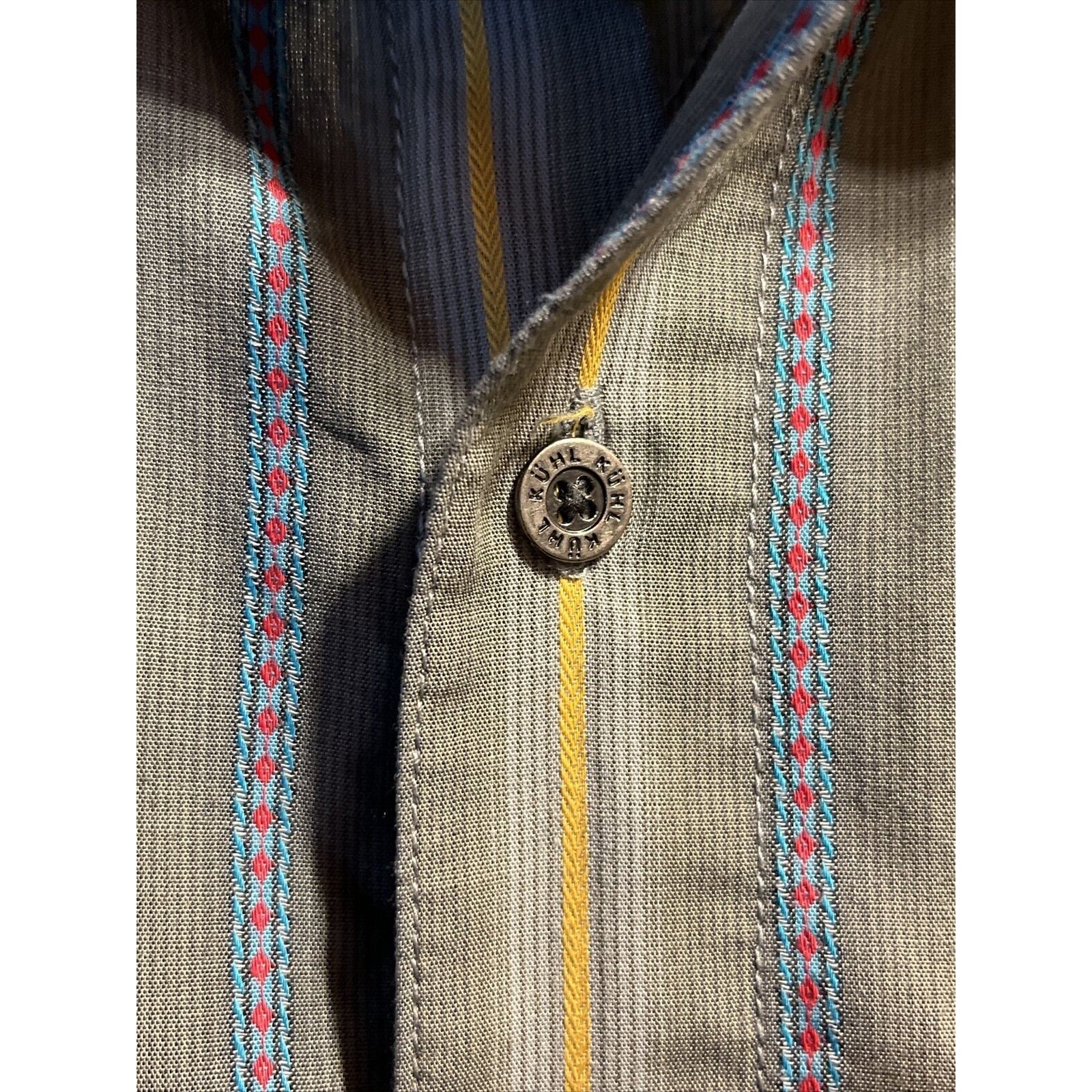 Kuhl Men's Sz L Gray Striped Button Down Short Sleeve Pocket Cotton Poly Shirt