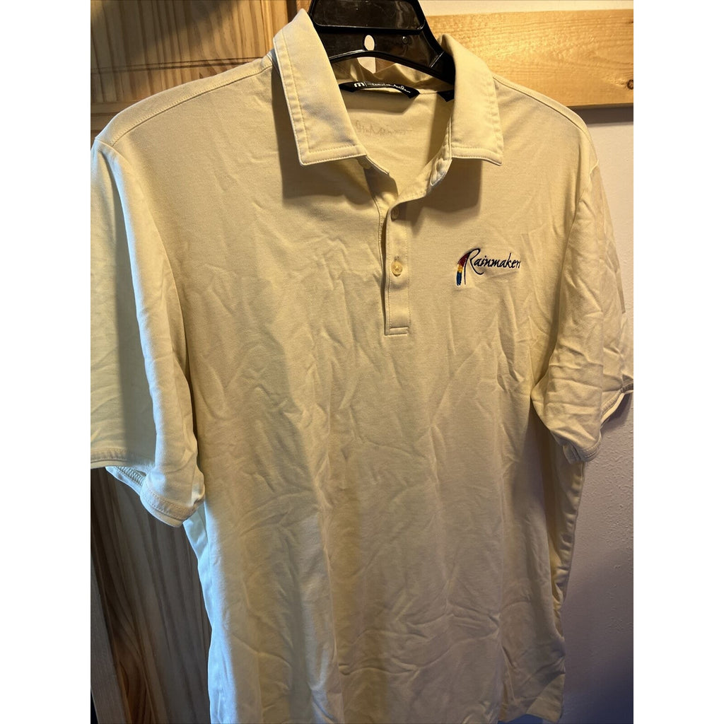 Travis Mathew Shirt Mens M Short Sleeve Button Polo Solid Yellow Rainmaker Logo