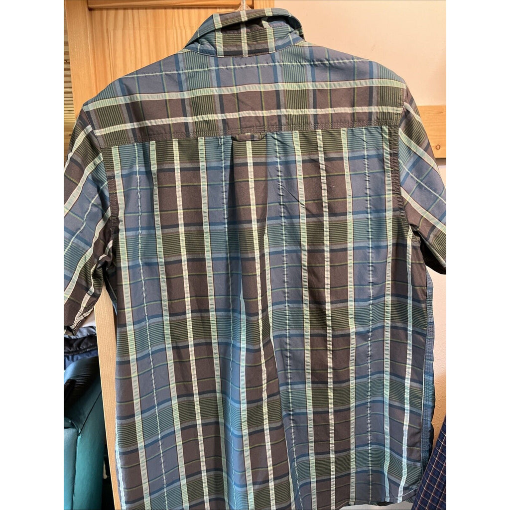 The North Face Men’s Shirt L Blue Plaid Button Up Short Sleeve Pocket Hiking EUC