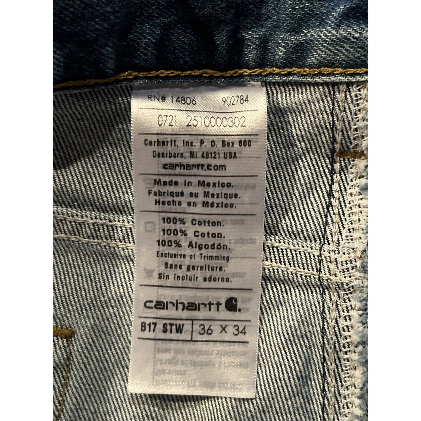 Carhartt B17 Jeans Men’s 36x34 Denim Med Wash Workwear Travel Outdoor Blue Cotton