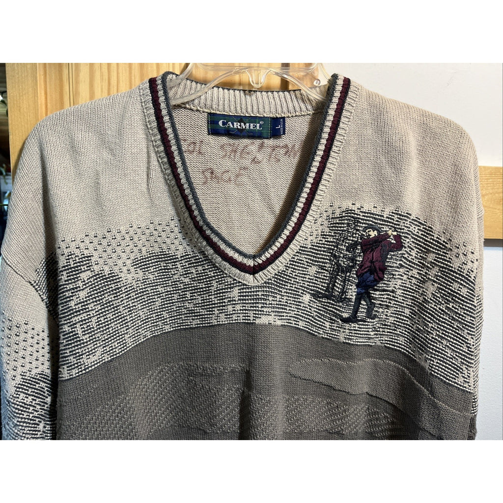 Vintage 90s Carmel Golf Embroidered Pullover Knit Sweater Size L Gray Beige USA