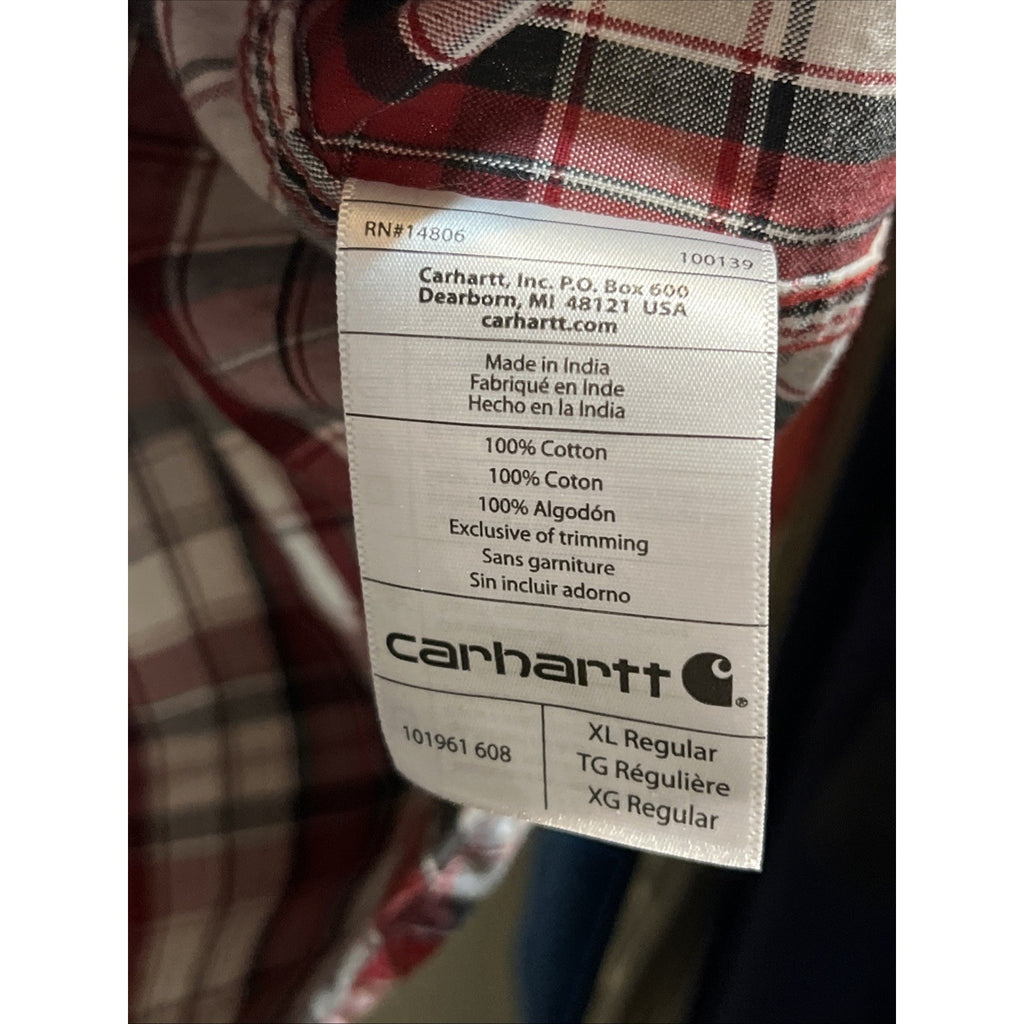 Carhartt Mens XL Red Button Up Short Sleeve Shirt Relaxed Fit Plaid Cotton