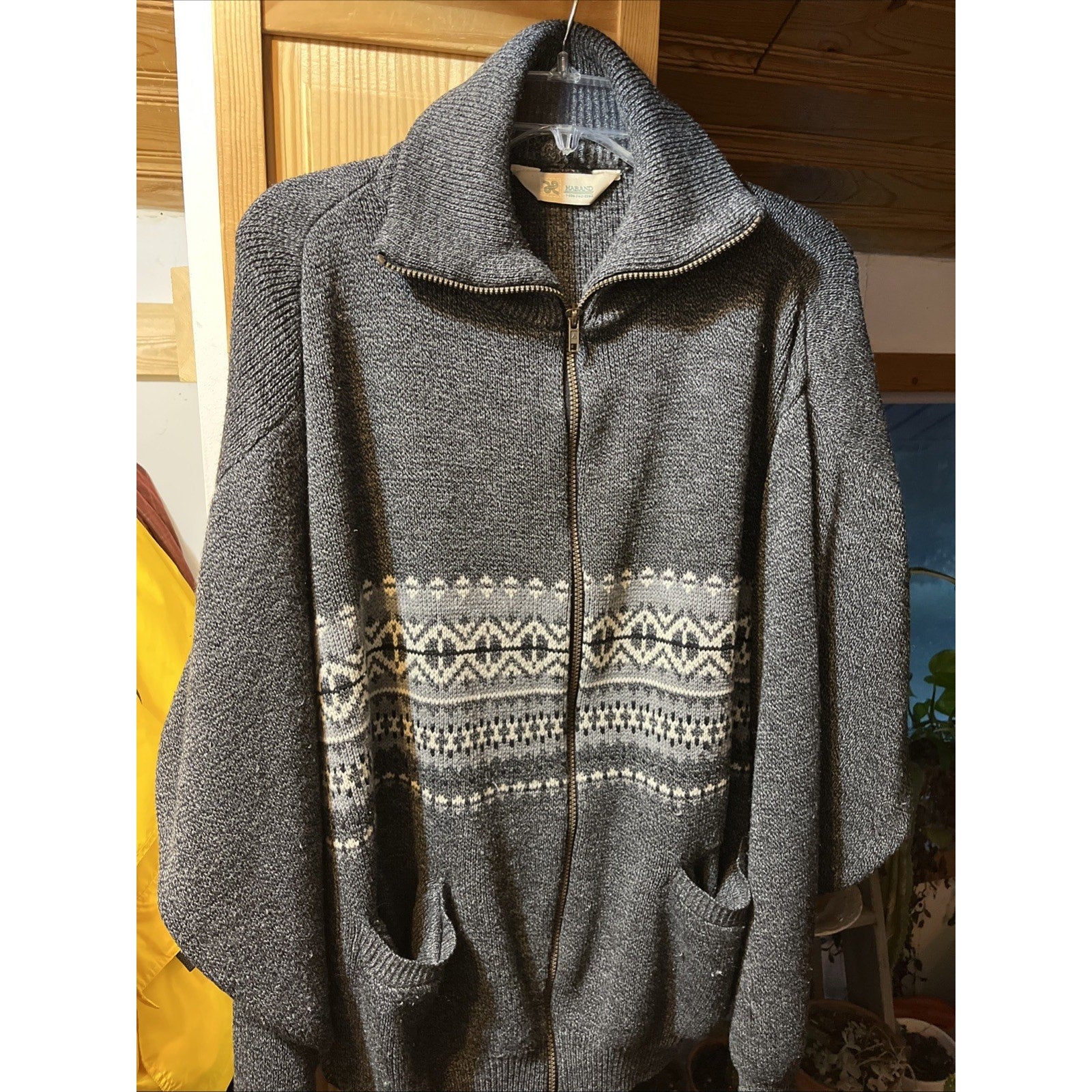 Haband Full Zip Cardigan L Mock Neck Gray Nordic Sweater Pockets Acrylic LS VTG