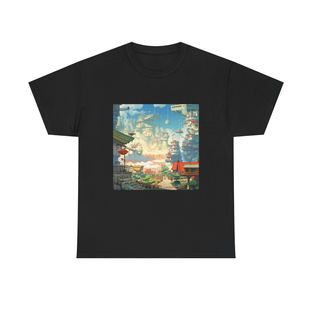 Studio Ghibli Style City Landscape Graphic Print Unisex Heavy Cotton Tee Shirt