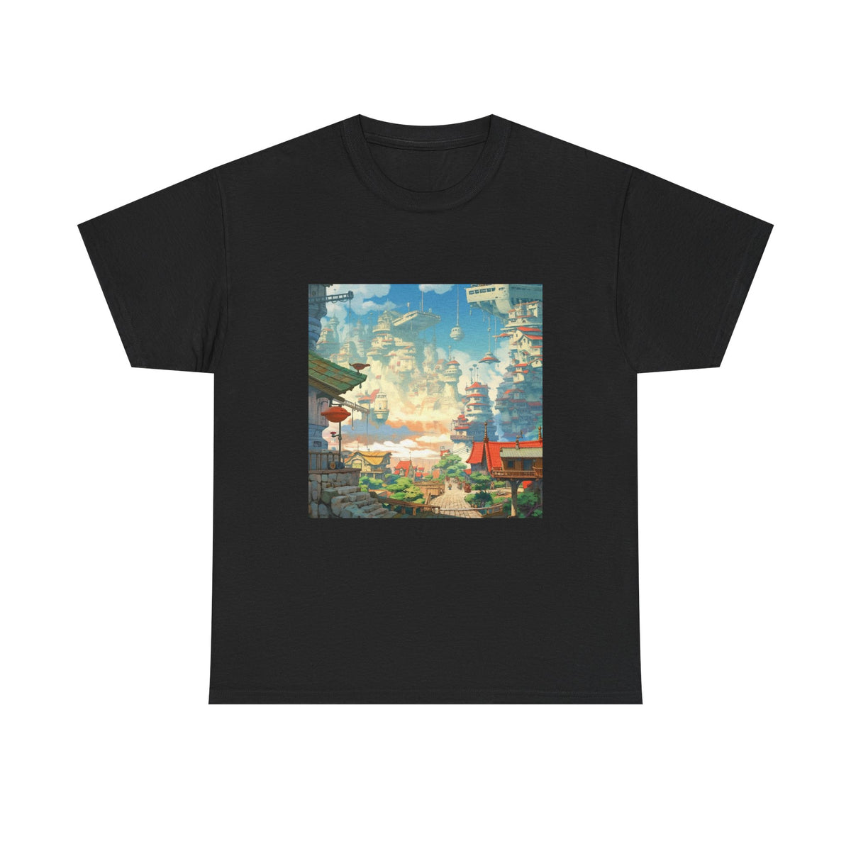 Studio Ghibli Style City Landscape Graphic Print Unisex Heavy Cotton Tee Shirt