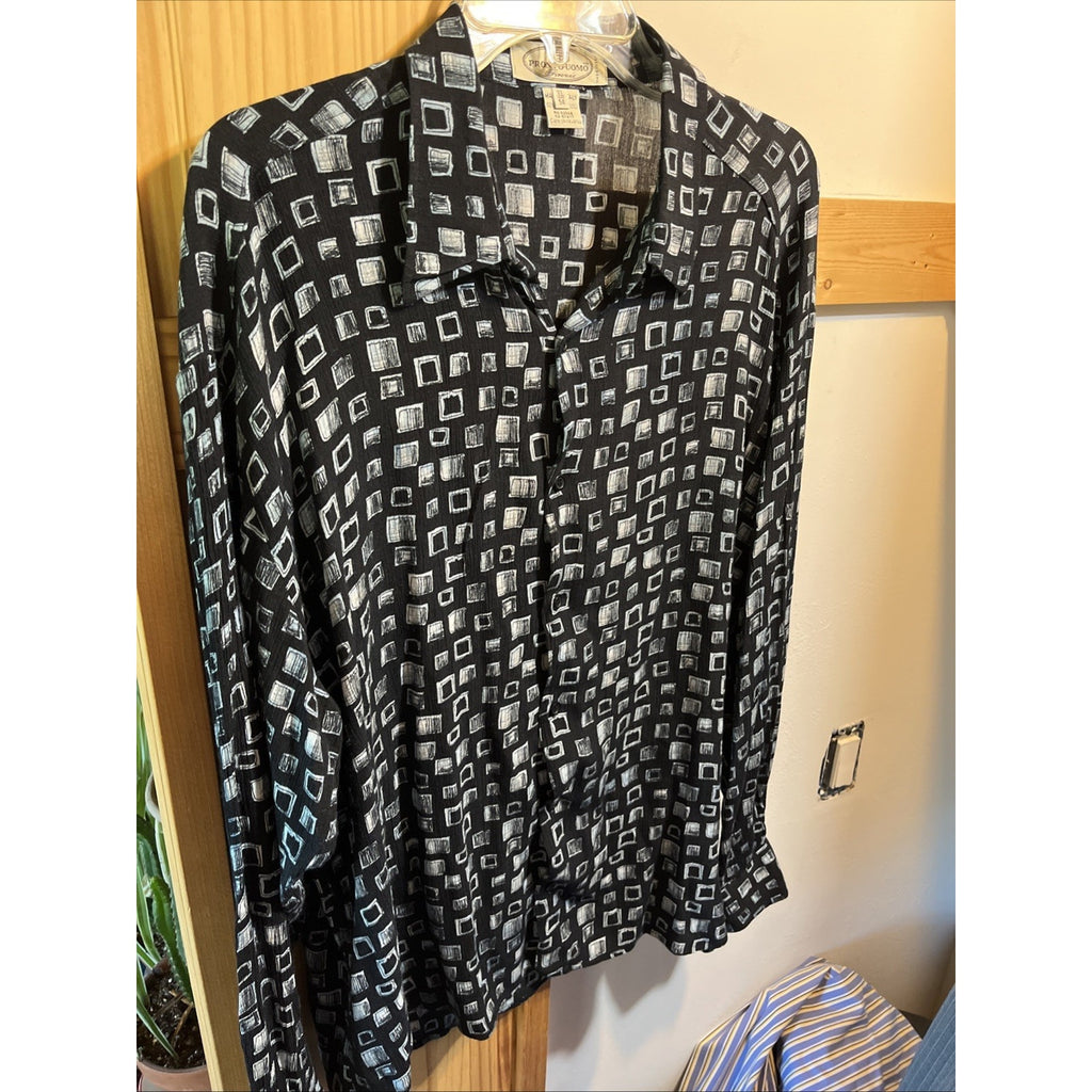 Pronto Uomo Firenze Vintage Men’s Nylon Shirt XL 54 Black LS Button Up Disco