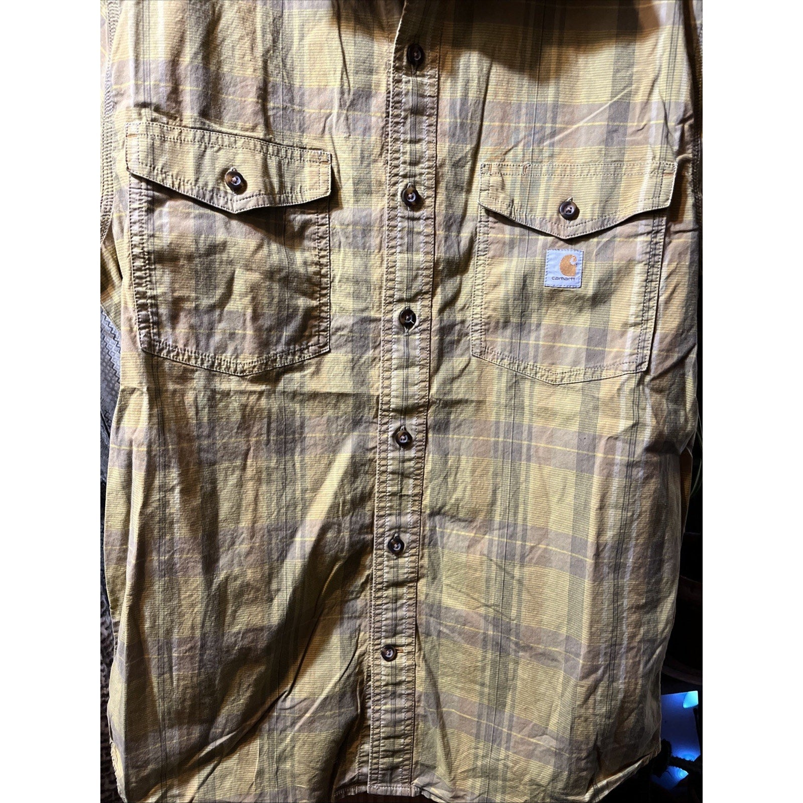 Carhartt Shirt Mens Medium Green Plaid Rugged Flex Short Sleeve Button Front