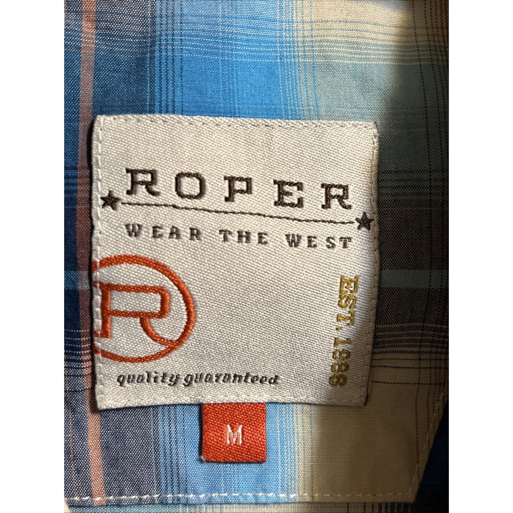 ROPER Shirt Mens Medium Blue Plaid Button Up Long Sleeve Rodeo Western Cowboy