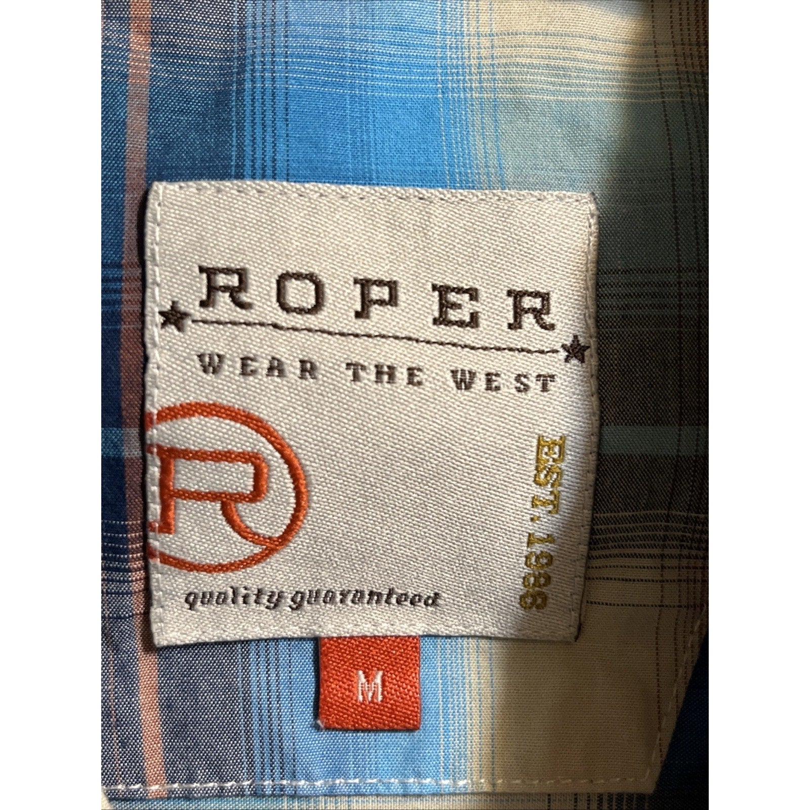 ROPER Shirt Mens Medium Blue Plaid Button Up Long Sleeve Rodeo Western Cowboy