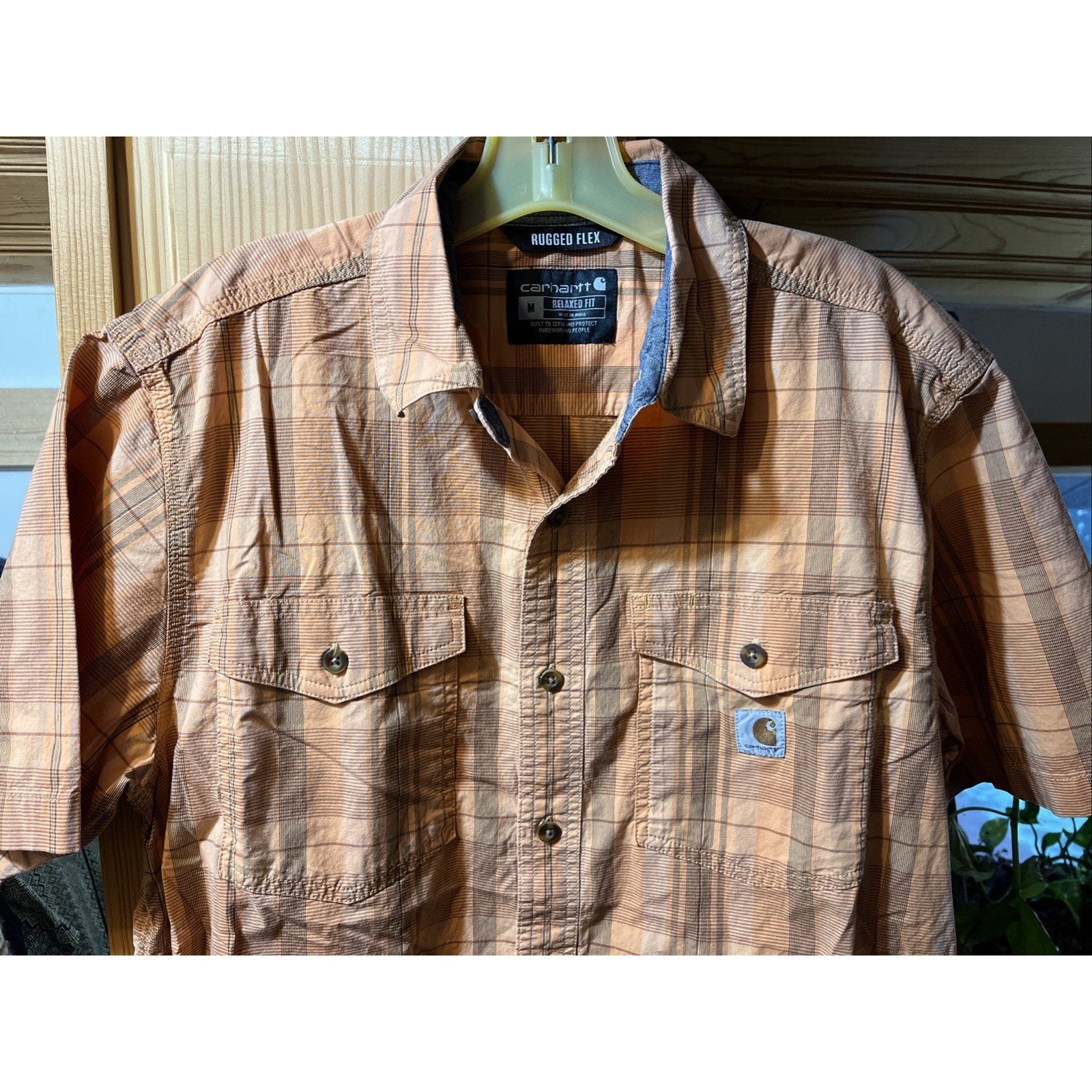 Carhartt Shirt Mens M Orange Plaid Rugged Flex Short Sleeve Button Hiking Fishin