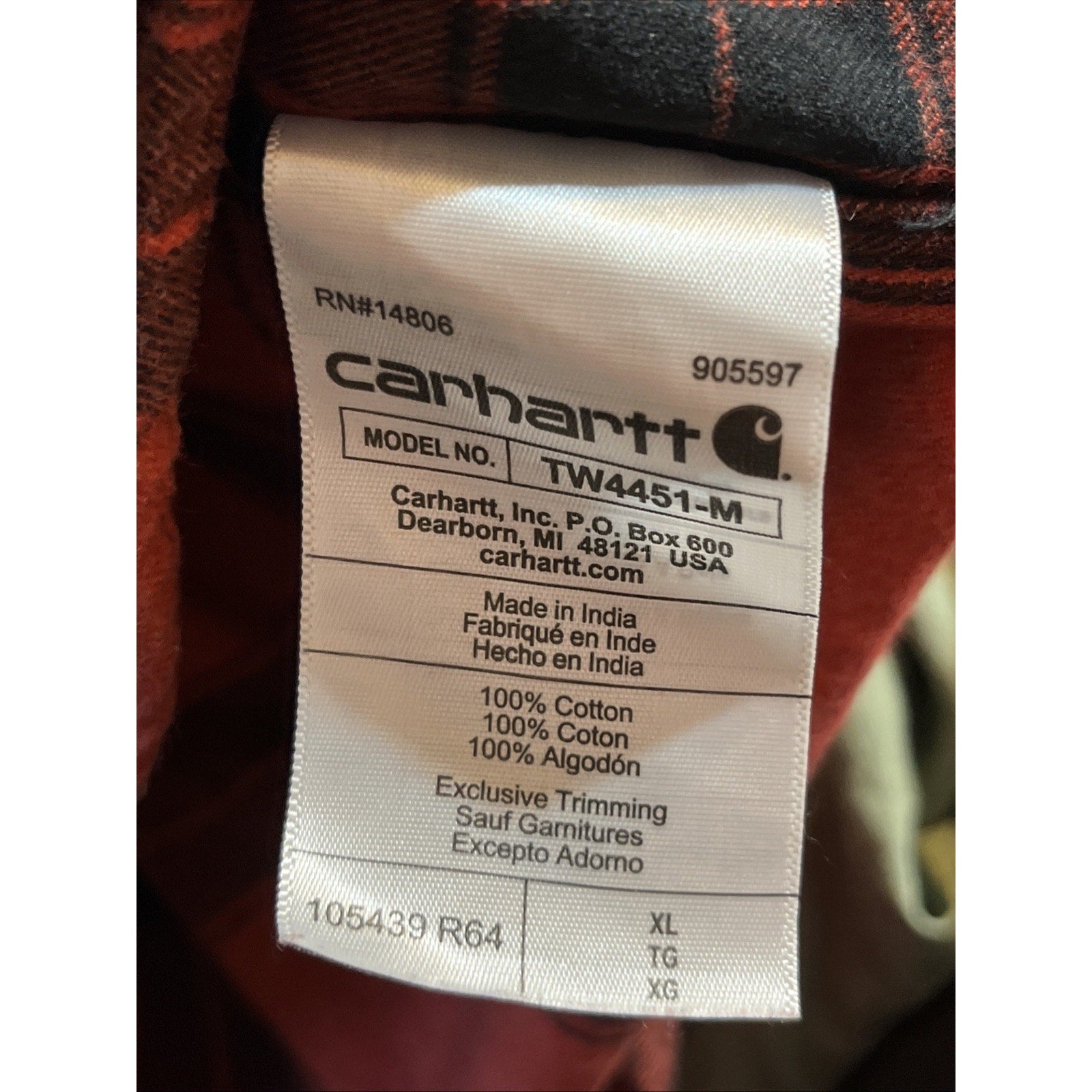 Carhartt Heavyweight Loose Fit Plaid LS Men's Flannel Shirt Size XL 105439 Red