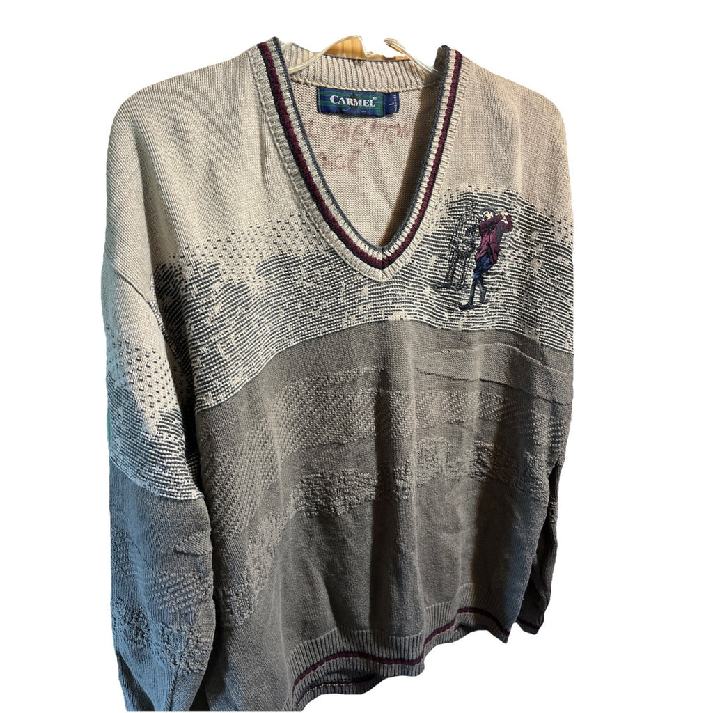 Vintage 90s Carmel Golf Embroidered Pullover Knit Sweater Size L Gray Beige USA