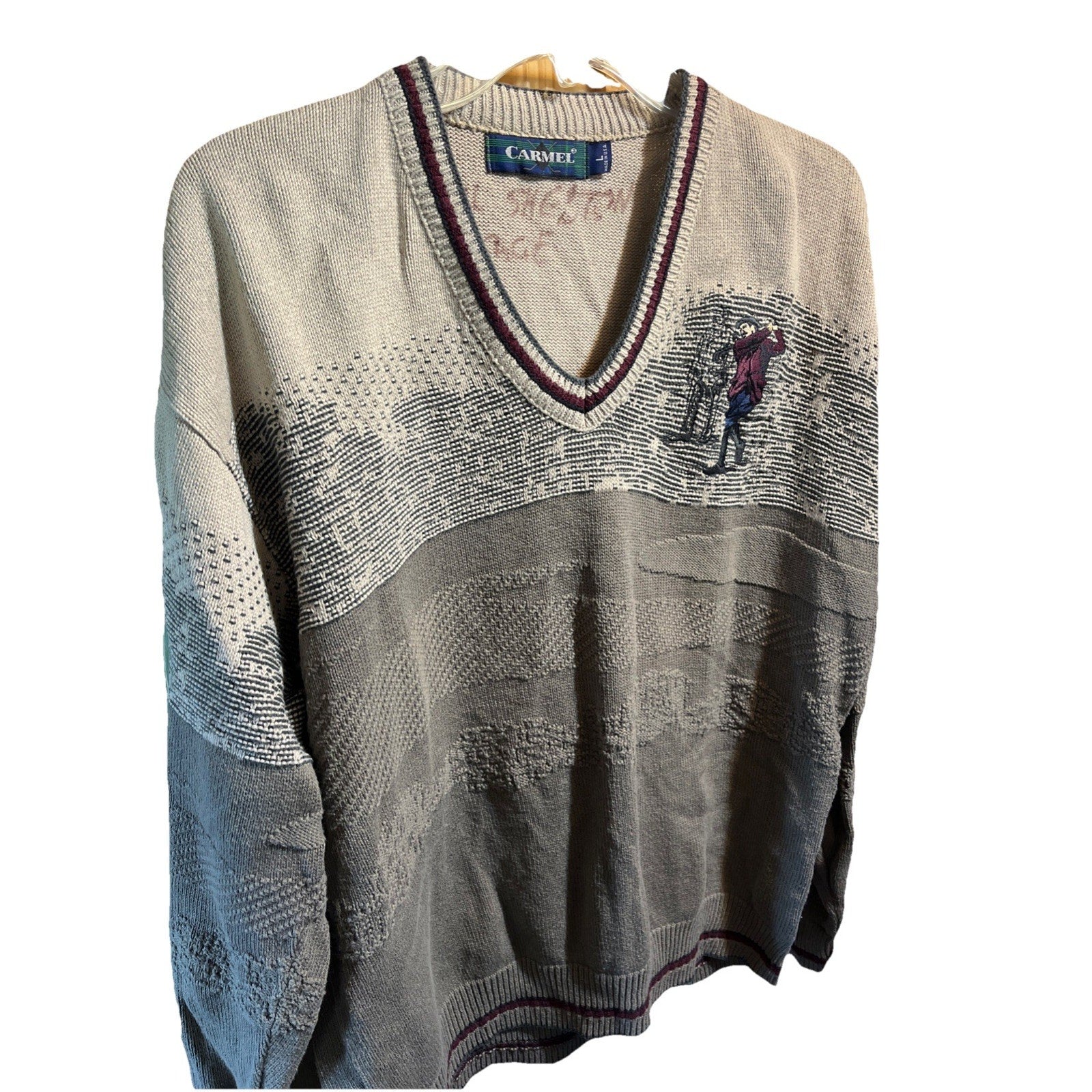 Vintage 90s Carmel Golf Embroidered Pullover Knit Sweater Size L Gray Beige USA