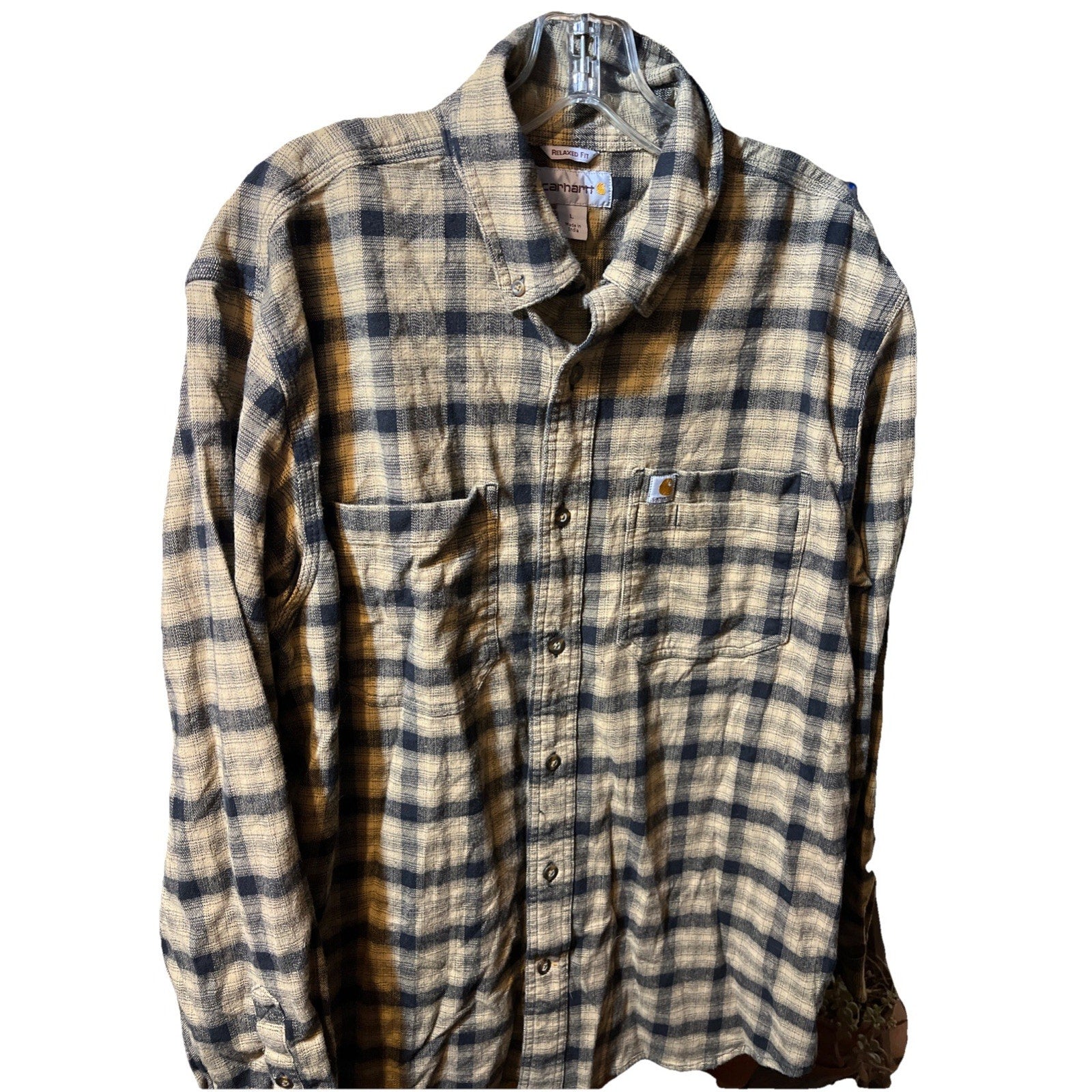 Carhartt Shirt Mens L Brown Plaid Outdoor Relaxed Fit Button Workwear Western