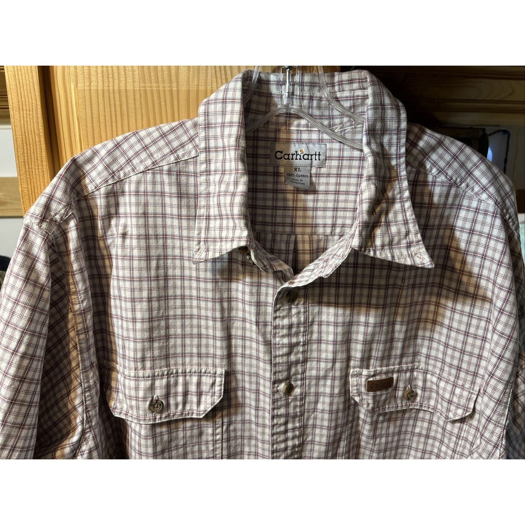 Carhartt Shirt Men’s XL White Checkered Plaid Short Sleeve Button Up Cotton Work