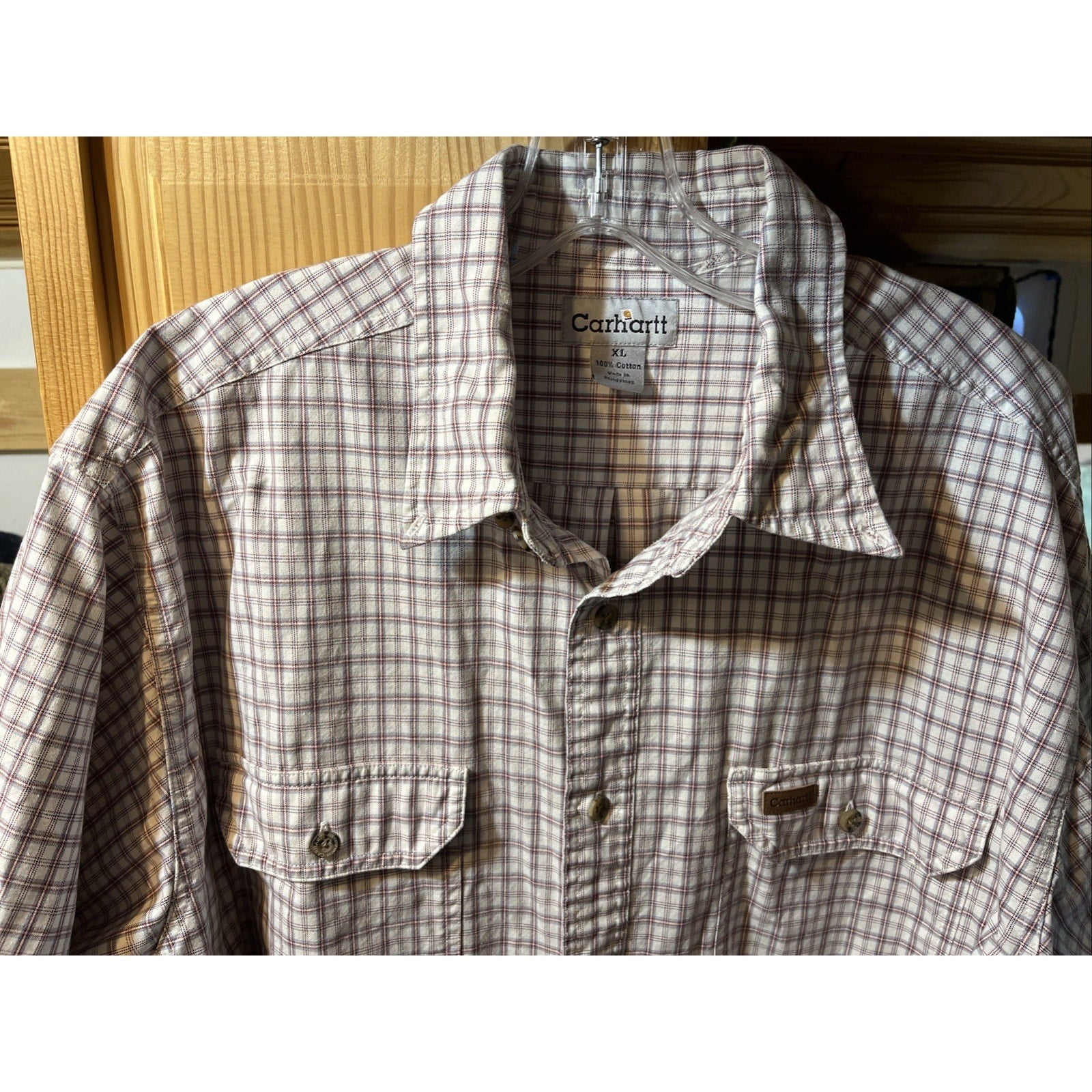 Carhartt Shirt Men’s XL White Checkered Plaid Short Sleeve Button Up Cotton Work