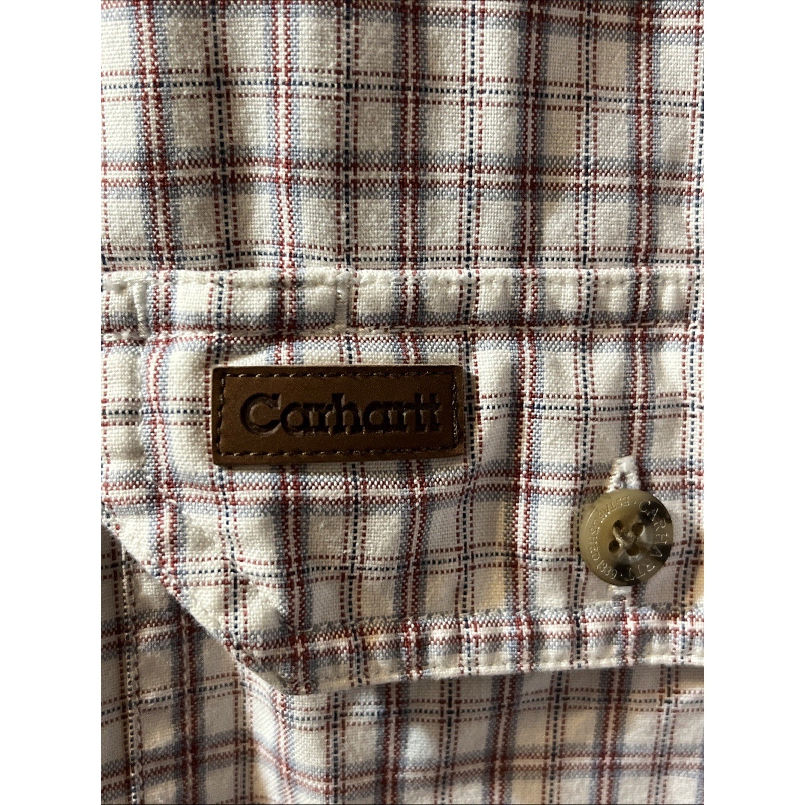Carhartt Shirt Men’s XL White Checkered Plaid Short Sleeve Button Up Cotton Work