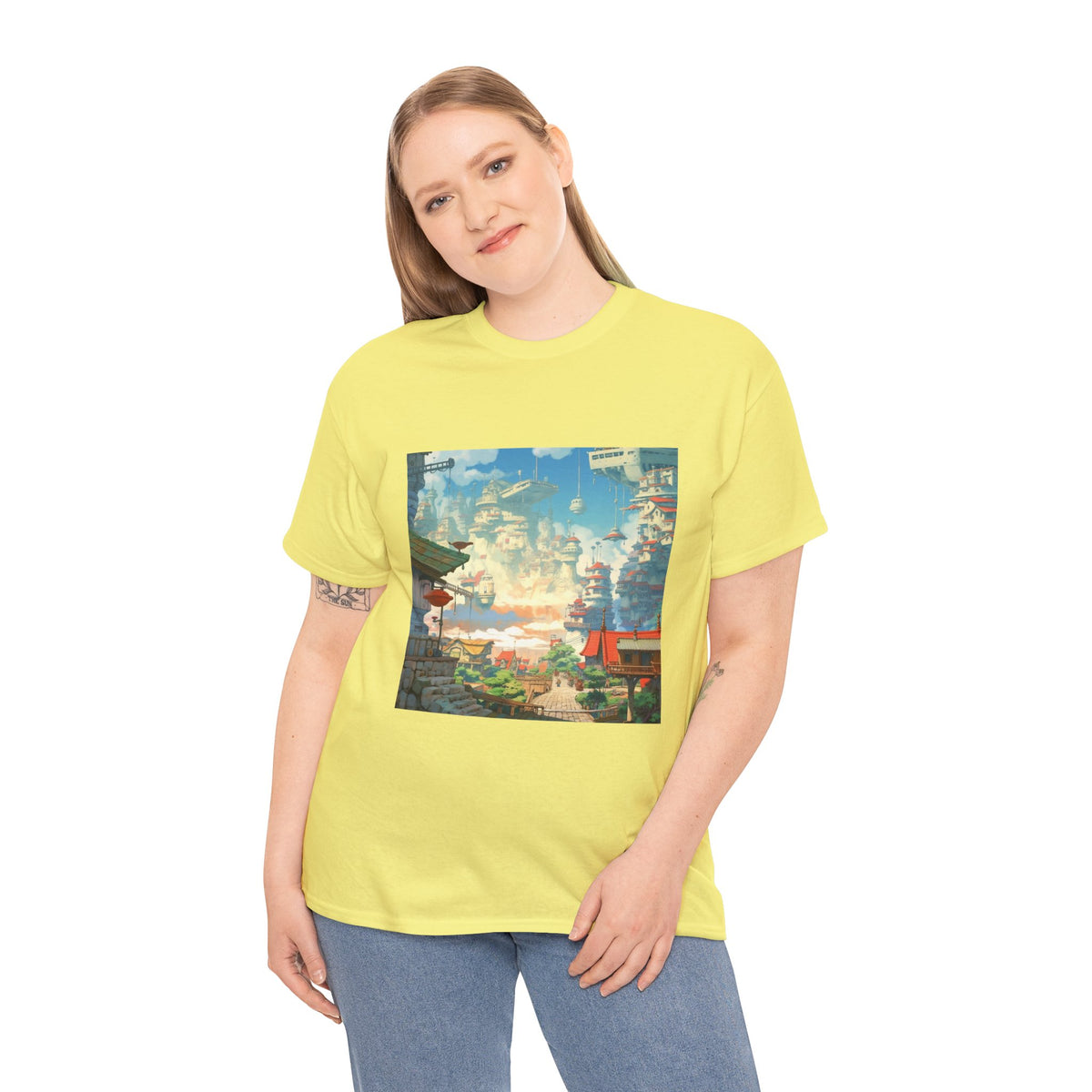 Studio Ghibli Style City Landscape Graphic Print Unisex Heavy Cotton Tee Shirt