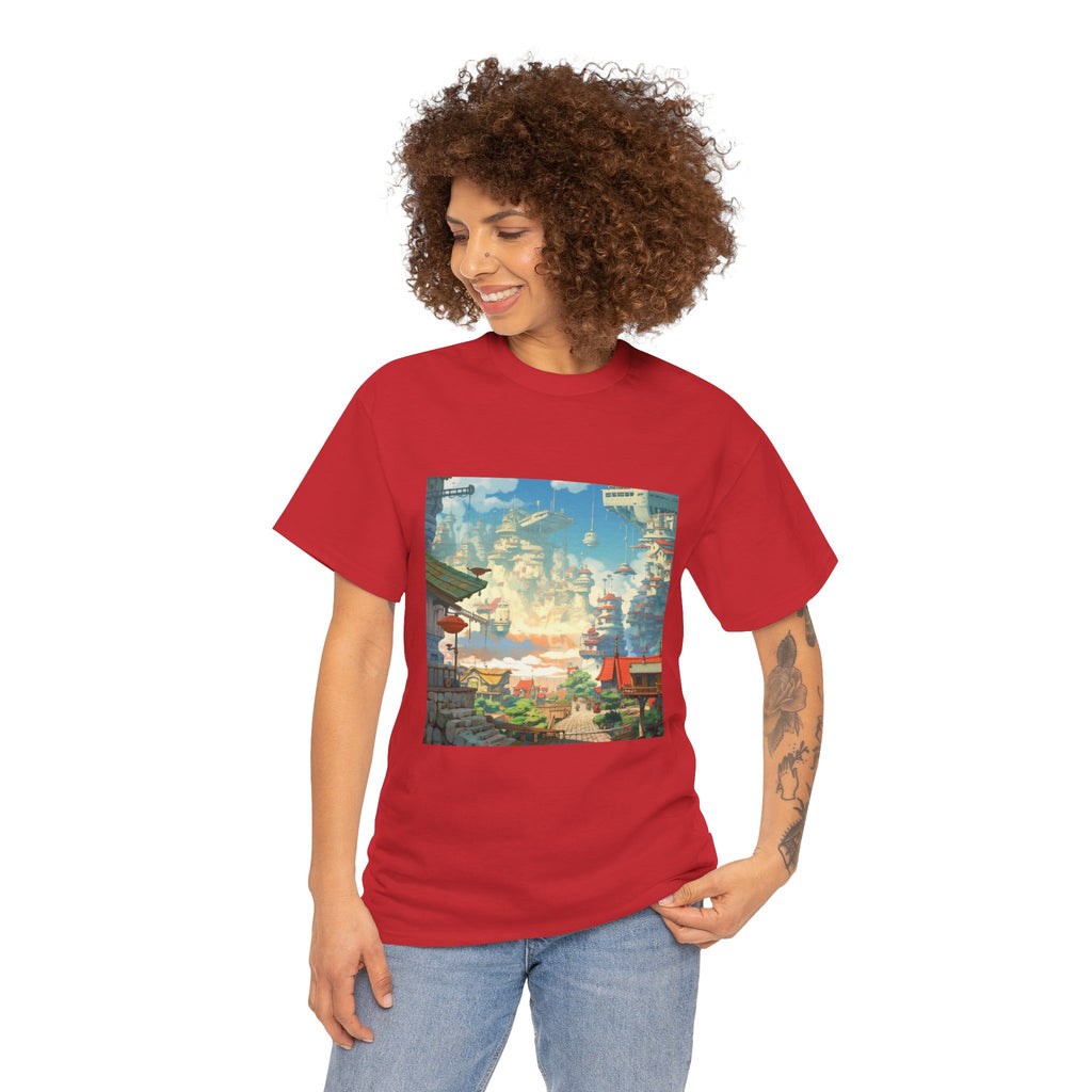 Studio Ghibli Style City Landscape Graphic Print Unisex Heavy Cotton Tee Shirt