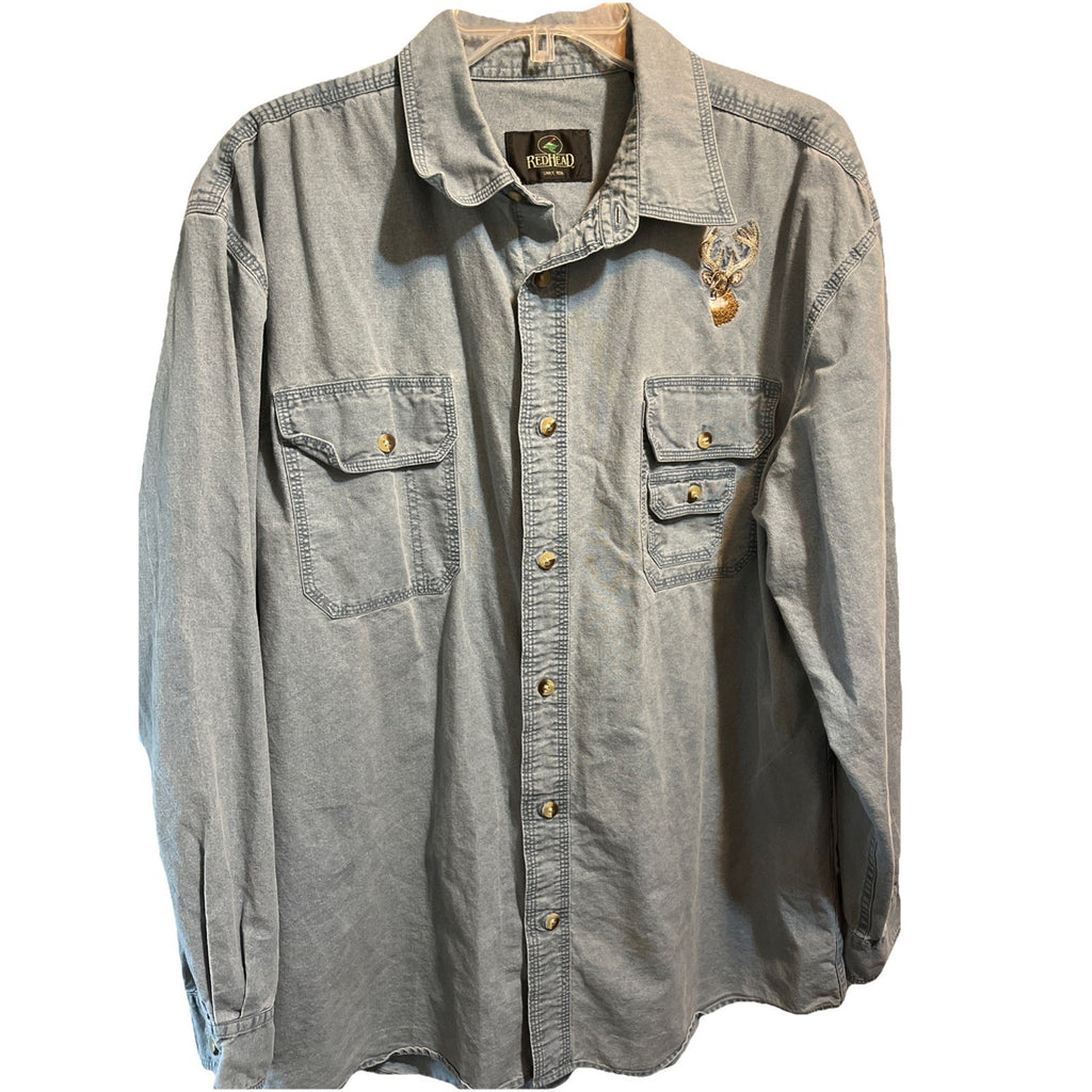 Redhead Vintage Shirt Men’s L Blue Canvas Long Sleeve Cotton Button Embroidered