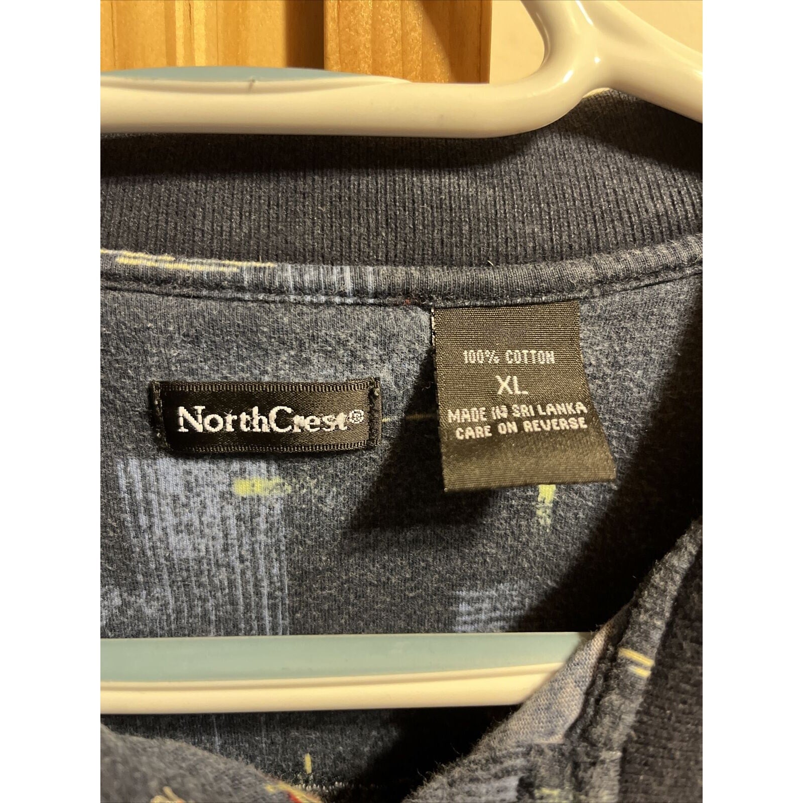 North Crest VTG Polo Shirt Men’s XL Navy Blue Fly Fishing Print SS Cotton Button