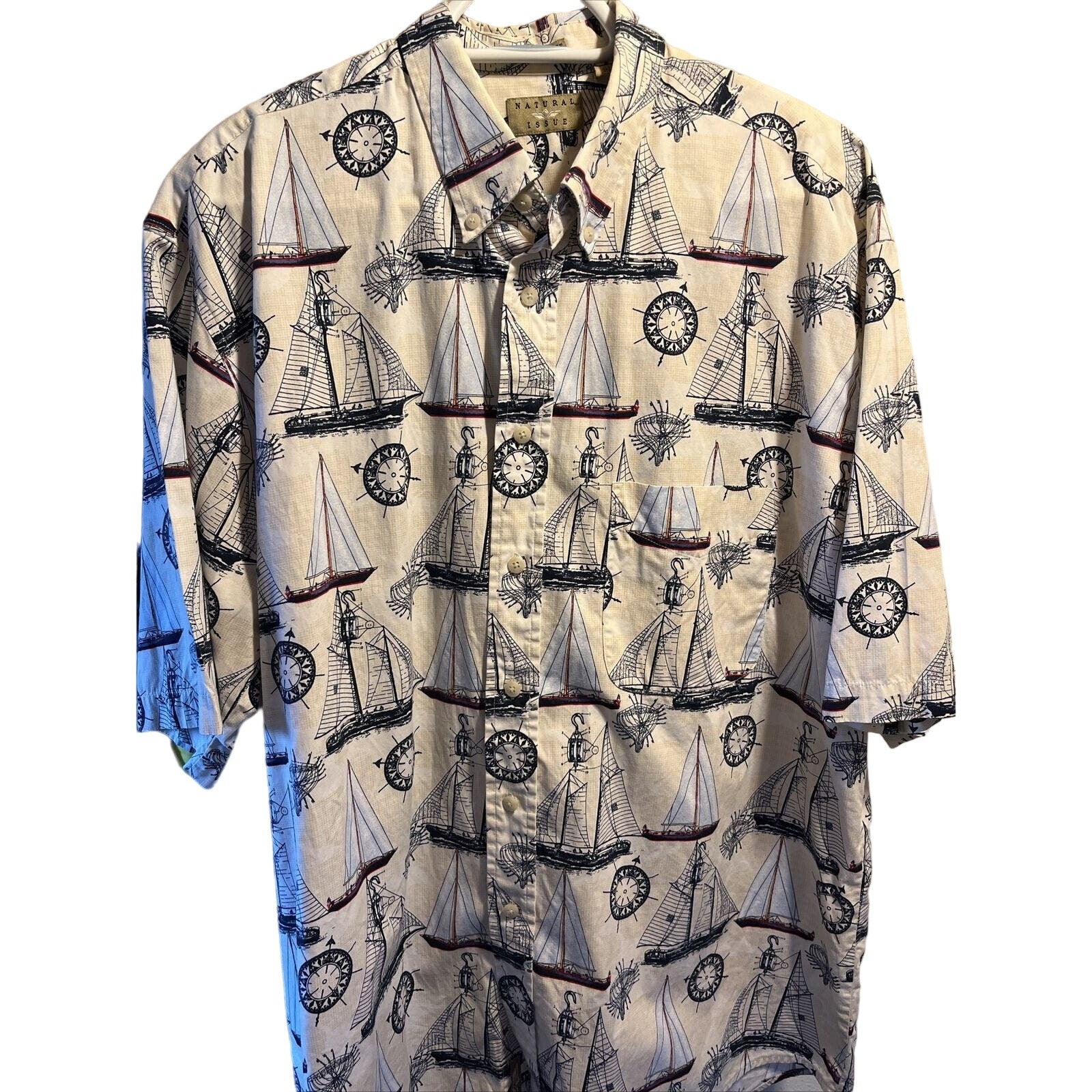Natural Issue Nautical Mens XLT Cotton SS Shirt Boat Sailboat Sloop Schooner EUC