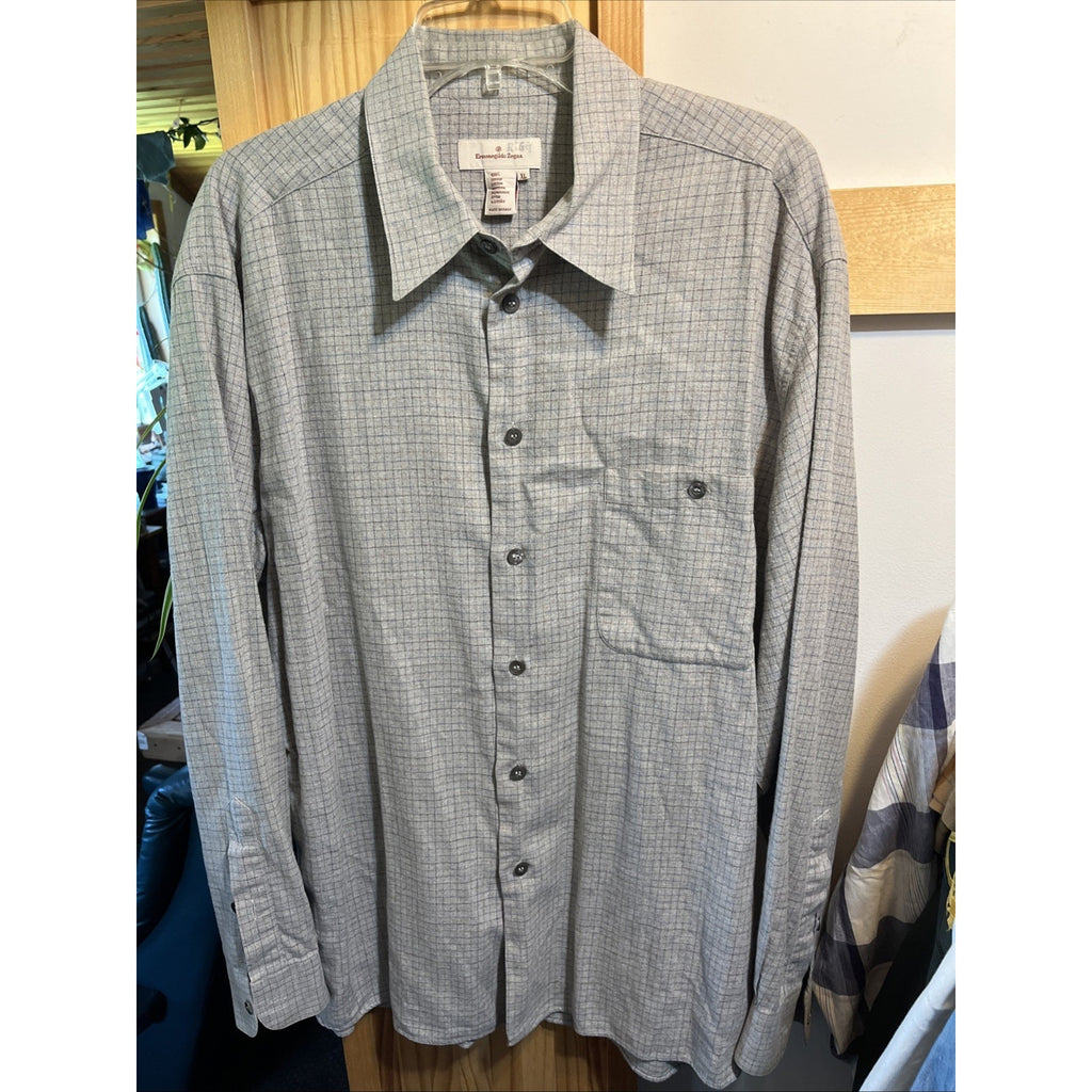 Ermenegildo Zegna Italy Button Shirt Gray Tattersall Mens XL Long Sleeve Cotton