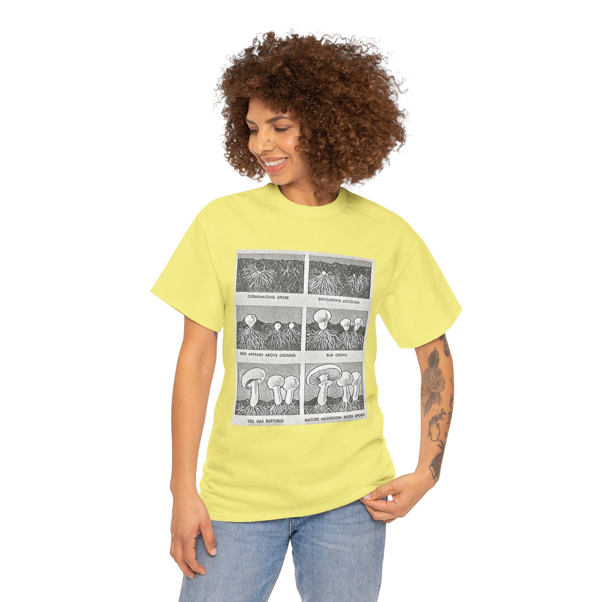Mushroom Growth Cycle Graphic Print Short Sleeve Unisex Heavy Cotton Tee Shirt
