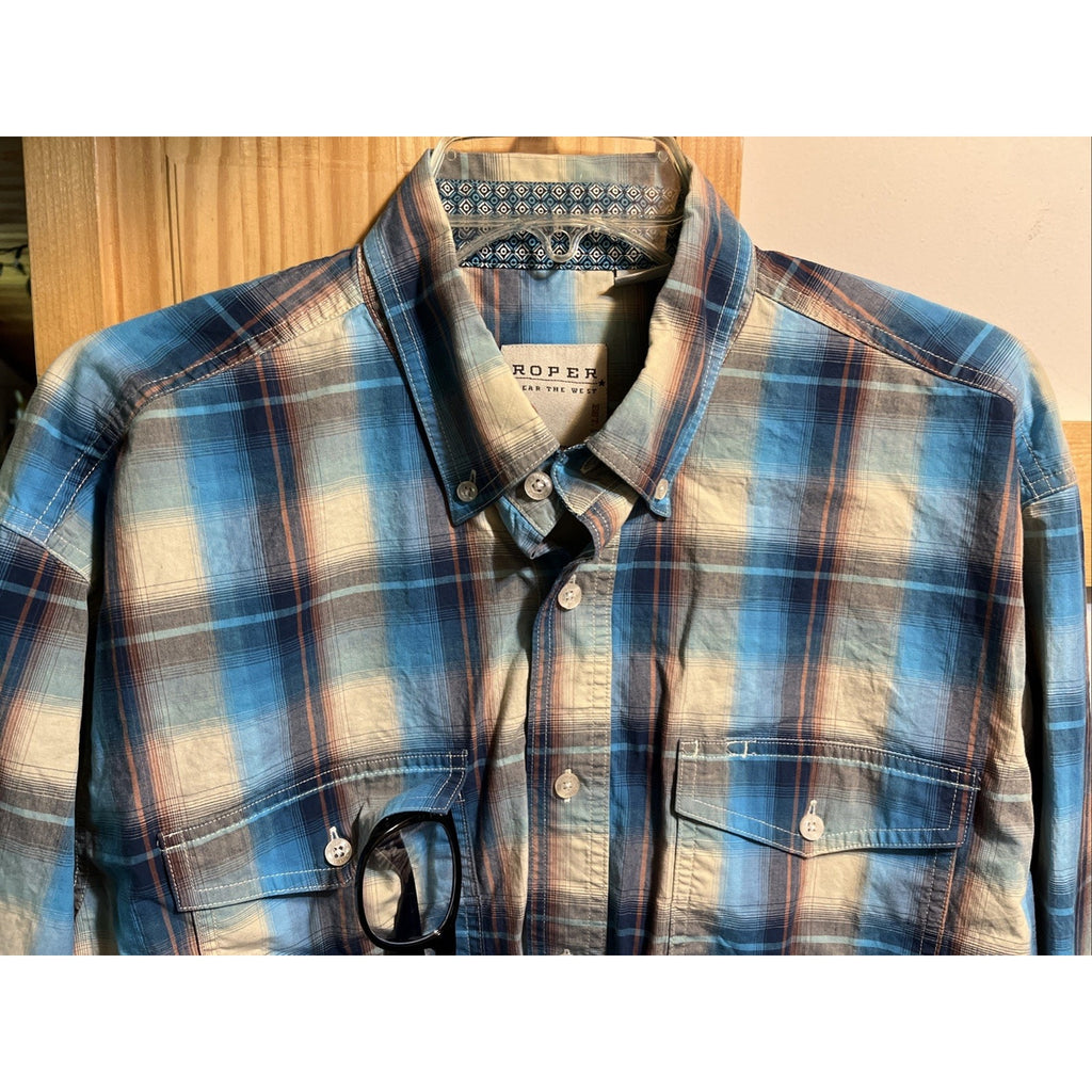 ROPER Shirt Mens Medium Blue Plaid Button Up Long Sleeve Rodeo Western Cowboy