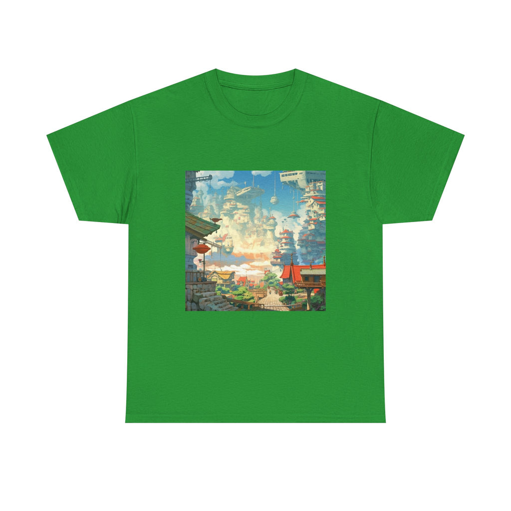 Studio Ghibli Style City Landscape Graphic Print Unisex Heavy Cotton Tee Shirt