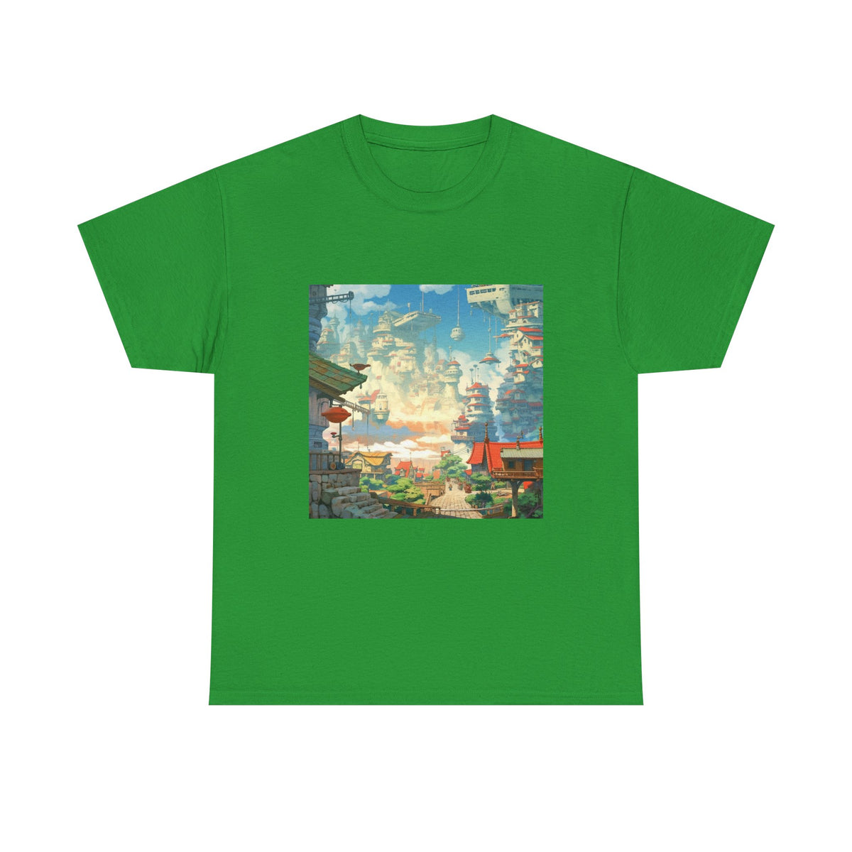 Studio Ghibli Style City Landscape Graphic Print Unisex Heavy Cotton Tee Shirt