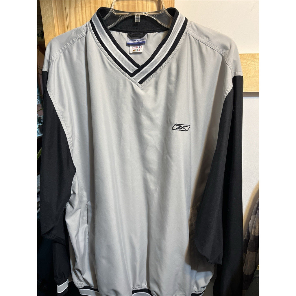 Vintage Reebok Pullover Jacket Mens L Gray Black LS Windbreaker V Neck Retro 90s