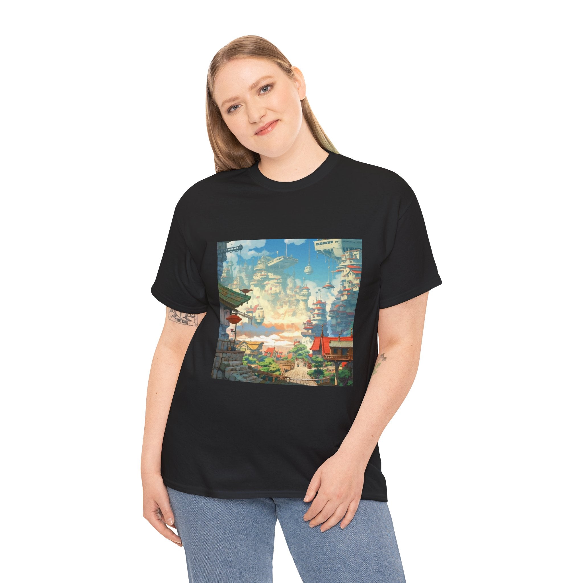 Studio Ghibli Style City Landscape Graphic Print Unisex Heavy Cotton Tee Shirt