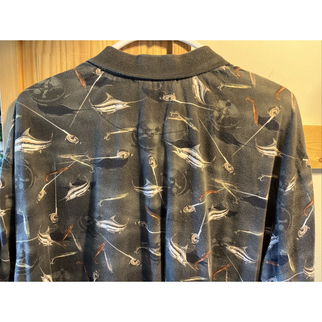 Knightsbridge VTG Shirt Mens Polo Gray Shirt Sz XL Fishing Flyrod EUC Swordfish
