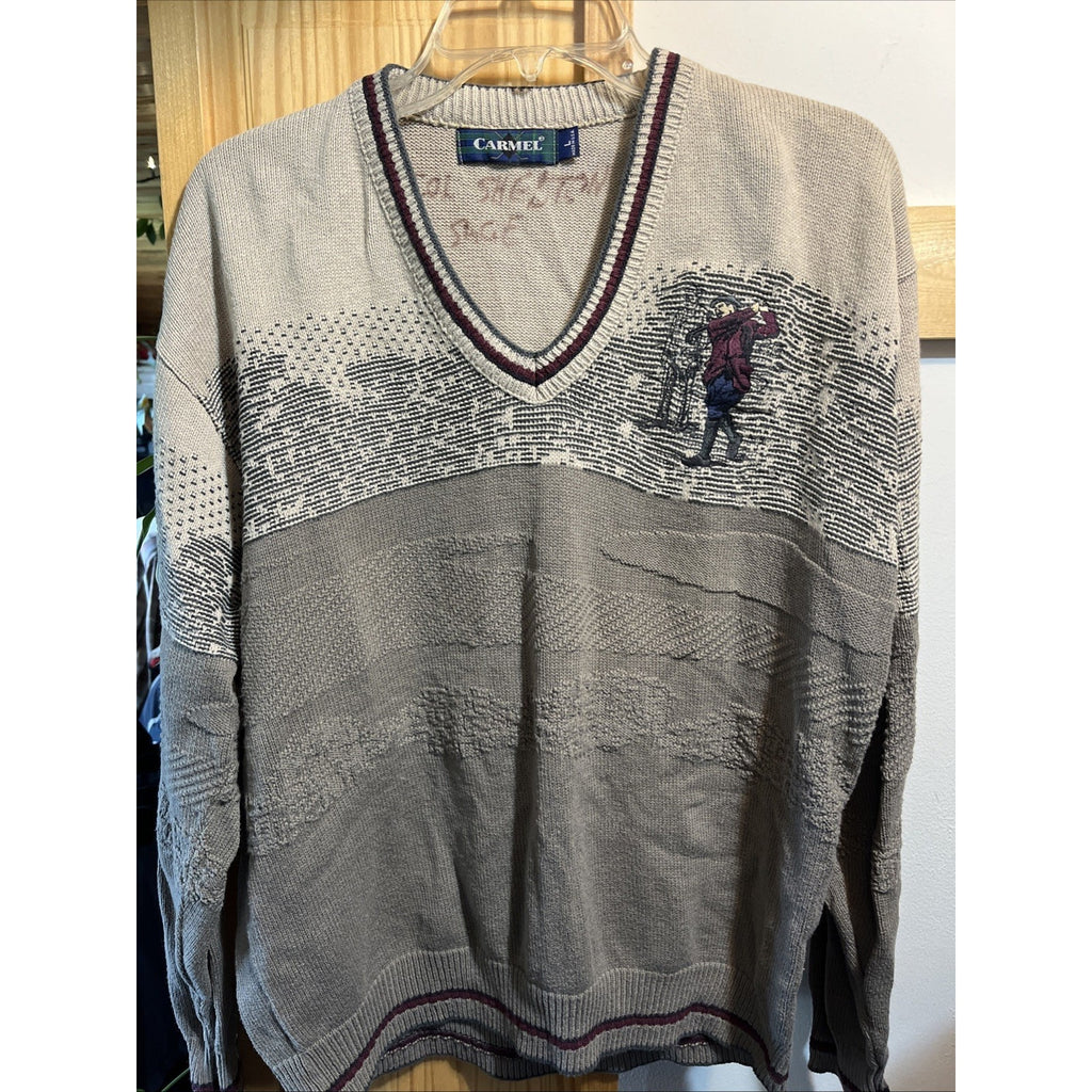 Vintage 90s Carmel Golf Embroidered Pullover Knit Sweater Size L Gray Beige USA