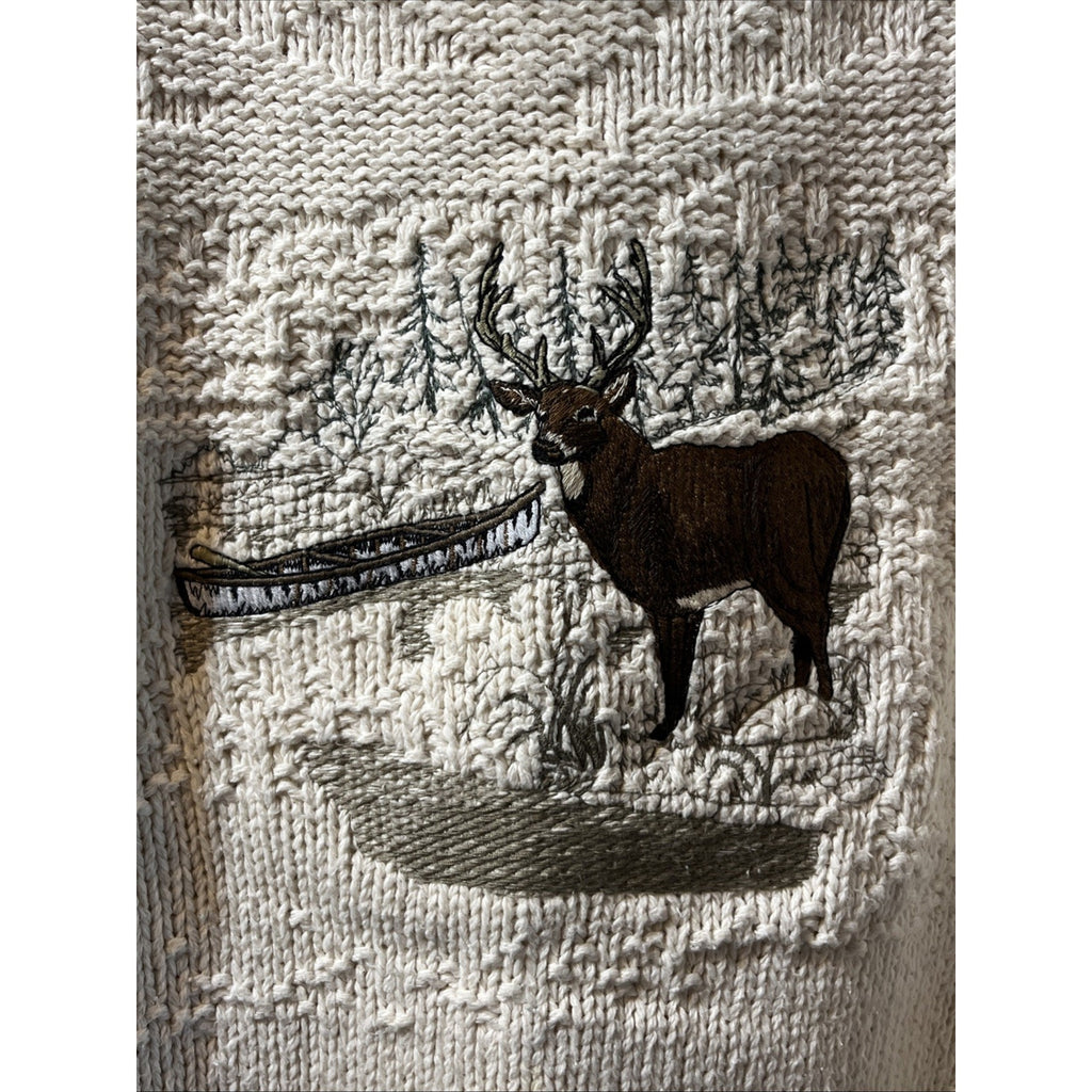 Vintage 90s St Johns Bay Knit Sweater XL White Deer Embroidered Nature USA