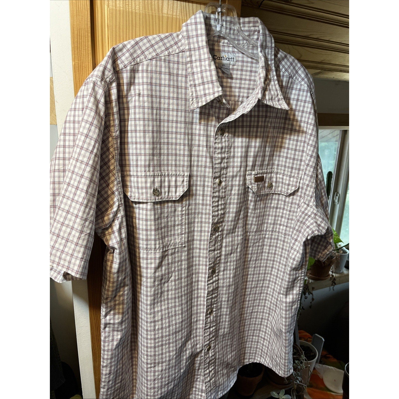 Carhartt Shirt Men’s XL White Checkered Plaid Short Sleeve Button Up Cotton Work