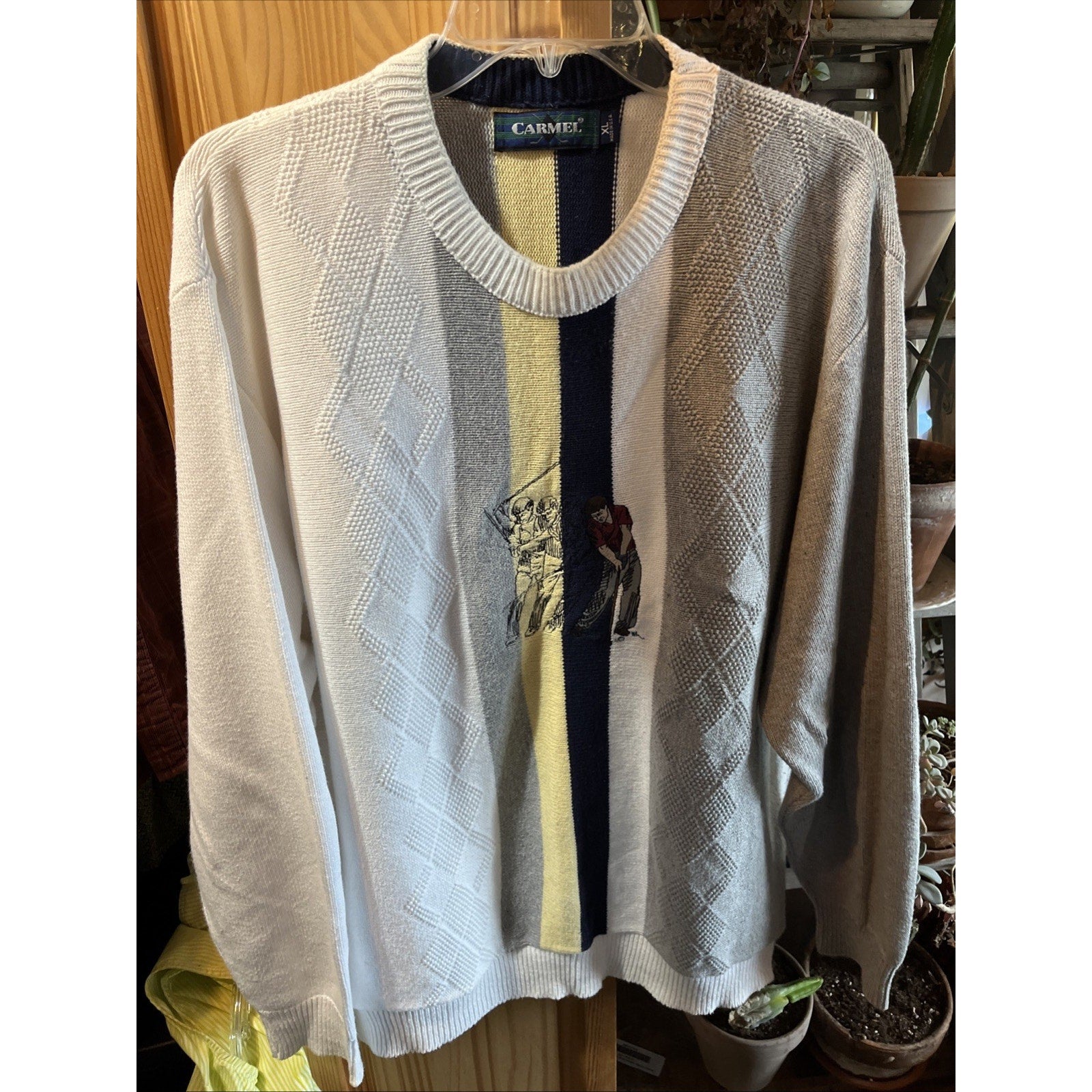 Vintage 90s Carmel Golf Embroidered Pullover Knit Sweater Size XL Gray White USA
