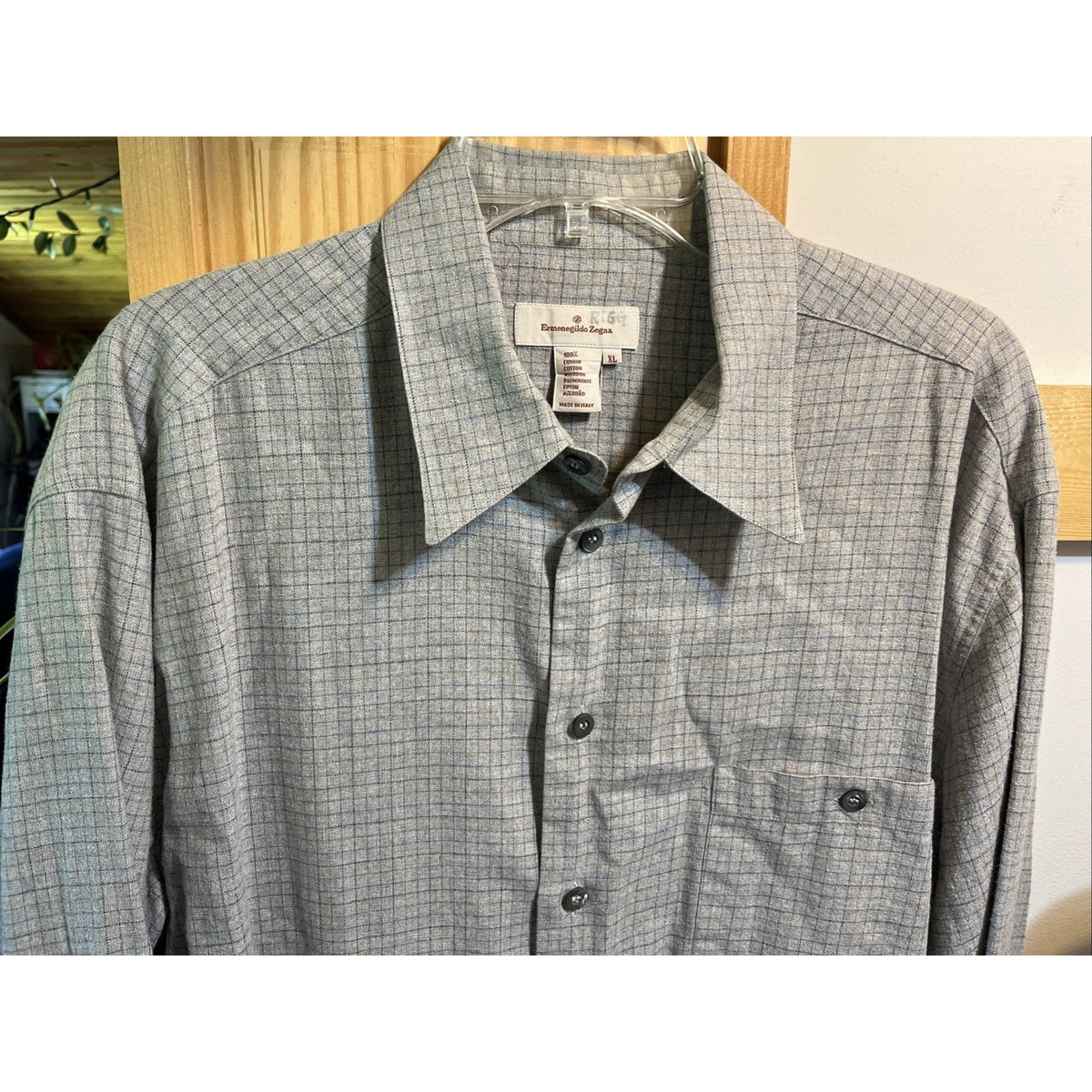 Ermenegildo Zegna Italy Button Shirt Gray Tattersall Mens XL Long Sleeve Cotton