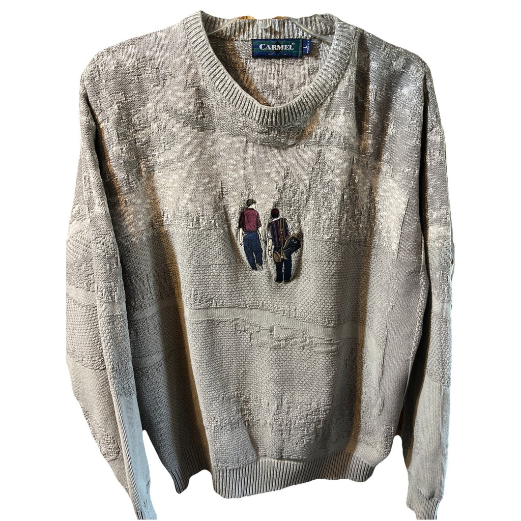 Vintage 90s Carmel Golf Embroidered Pullover Knit Sweater Size L Gray USA HOLE