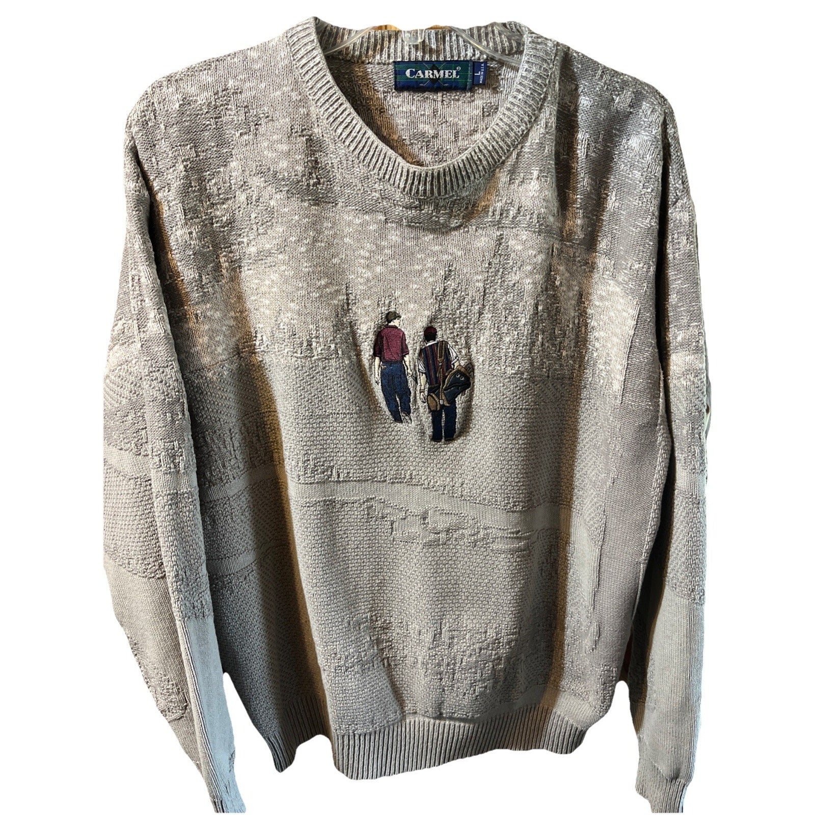 Vintage 90s Carmel Golf Embroidered Pullover Knit Sweater Size L Gray USA HOLE