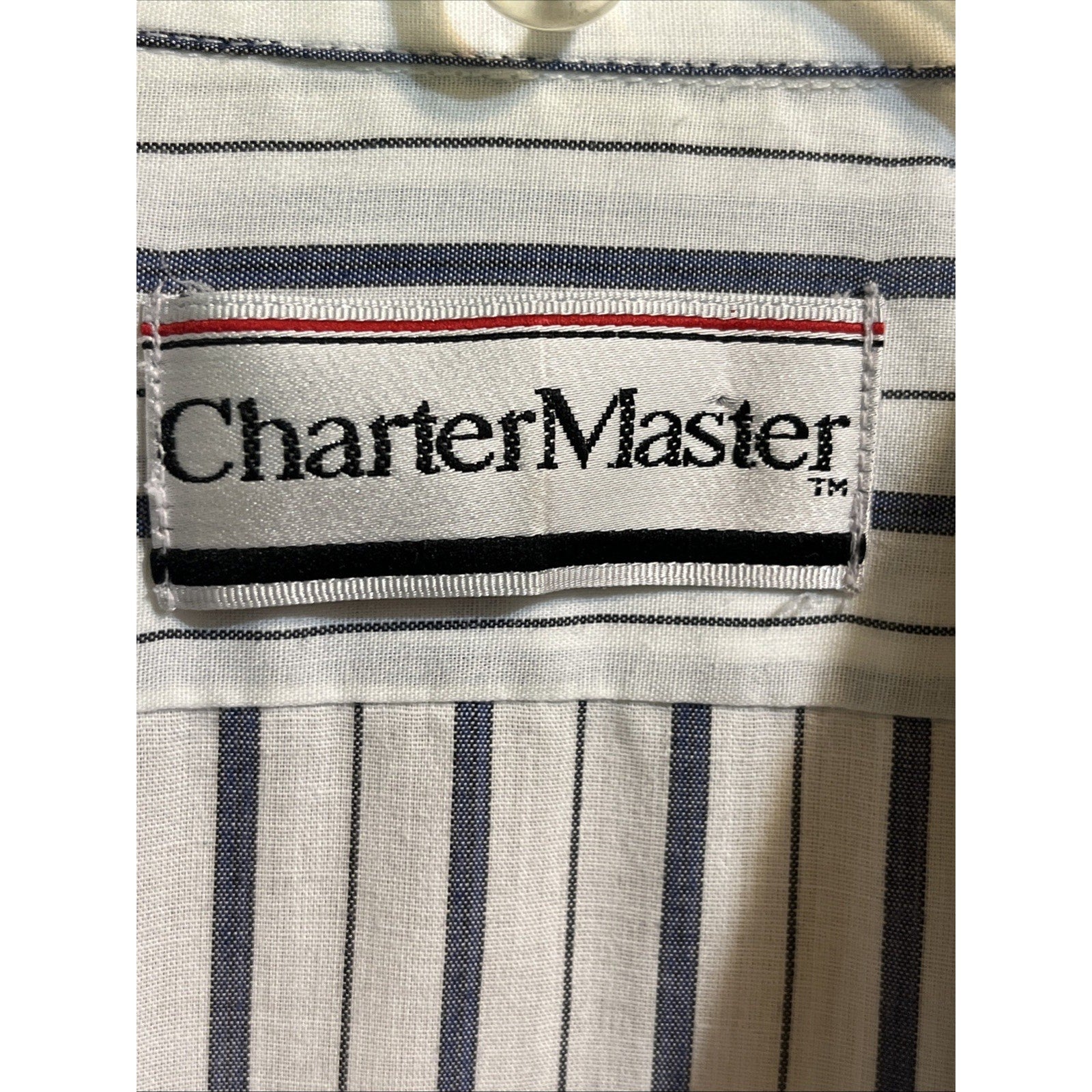 VTG Charter Master Button Short Sleeve Men’s 17 White Blue Striped Cotton Poly