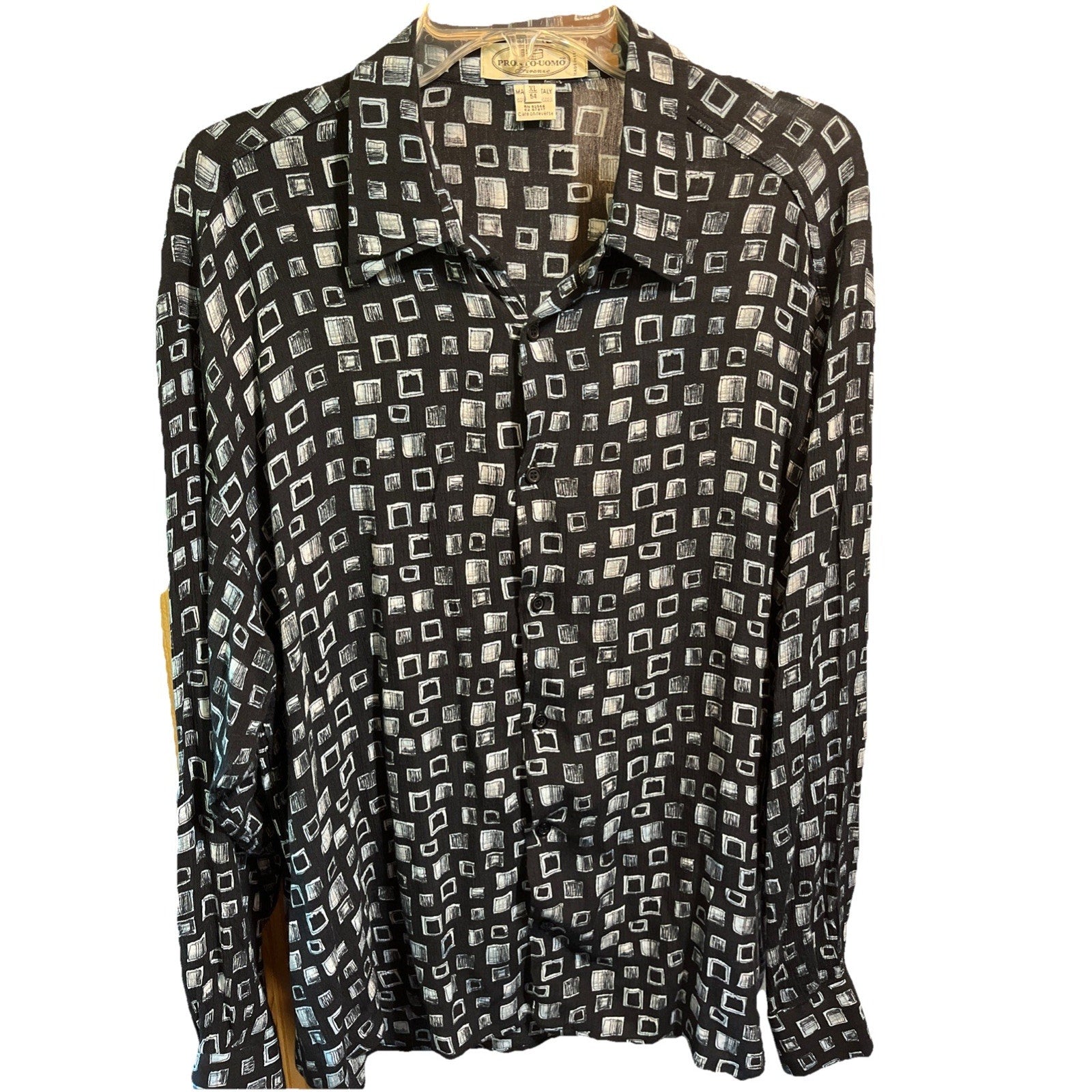 Pronto Uomo Firenze Vintage Men’s Nylon Shirt XL 54 Black LS Button Up Disco