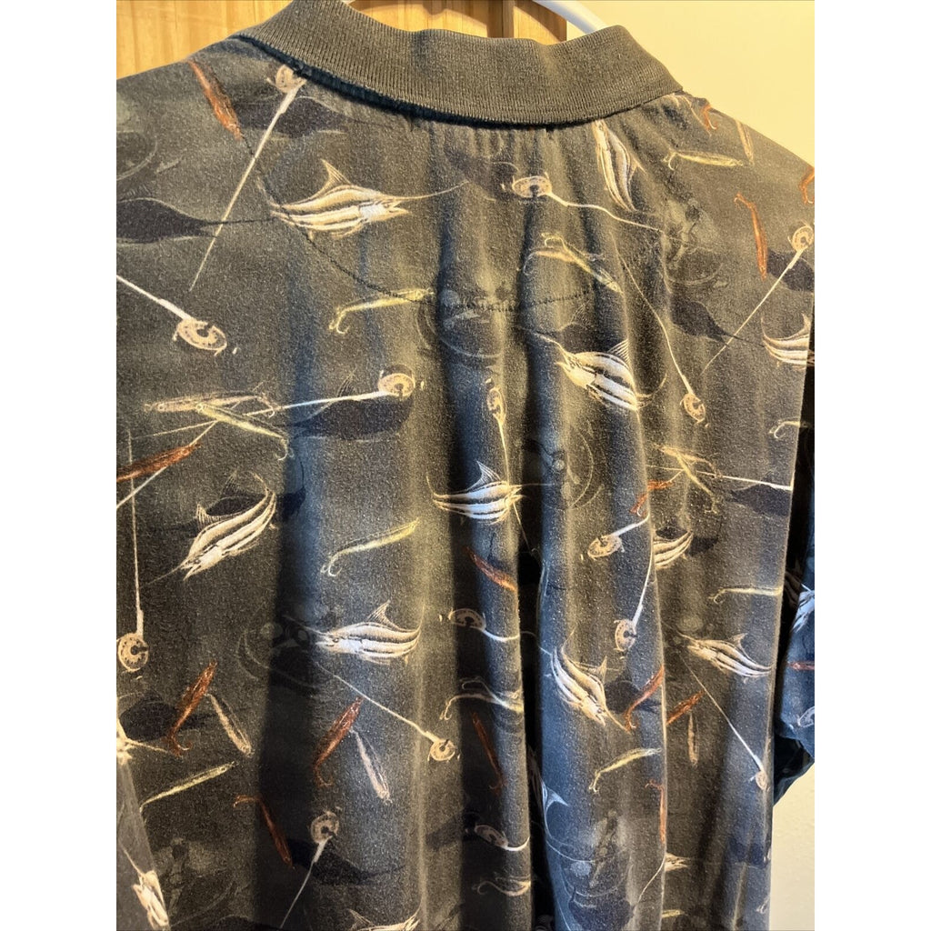 Knightsbridge VTG Shirt Mens Polo Gray Shirt Sz XL Fishing Flyrod EUC Swordfish