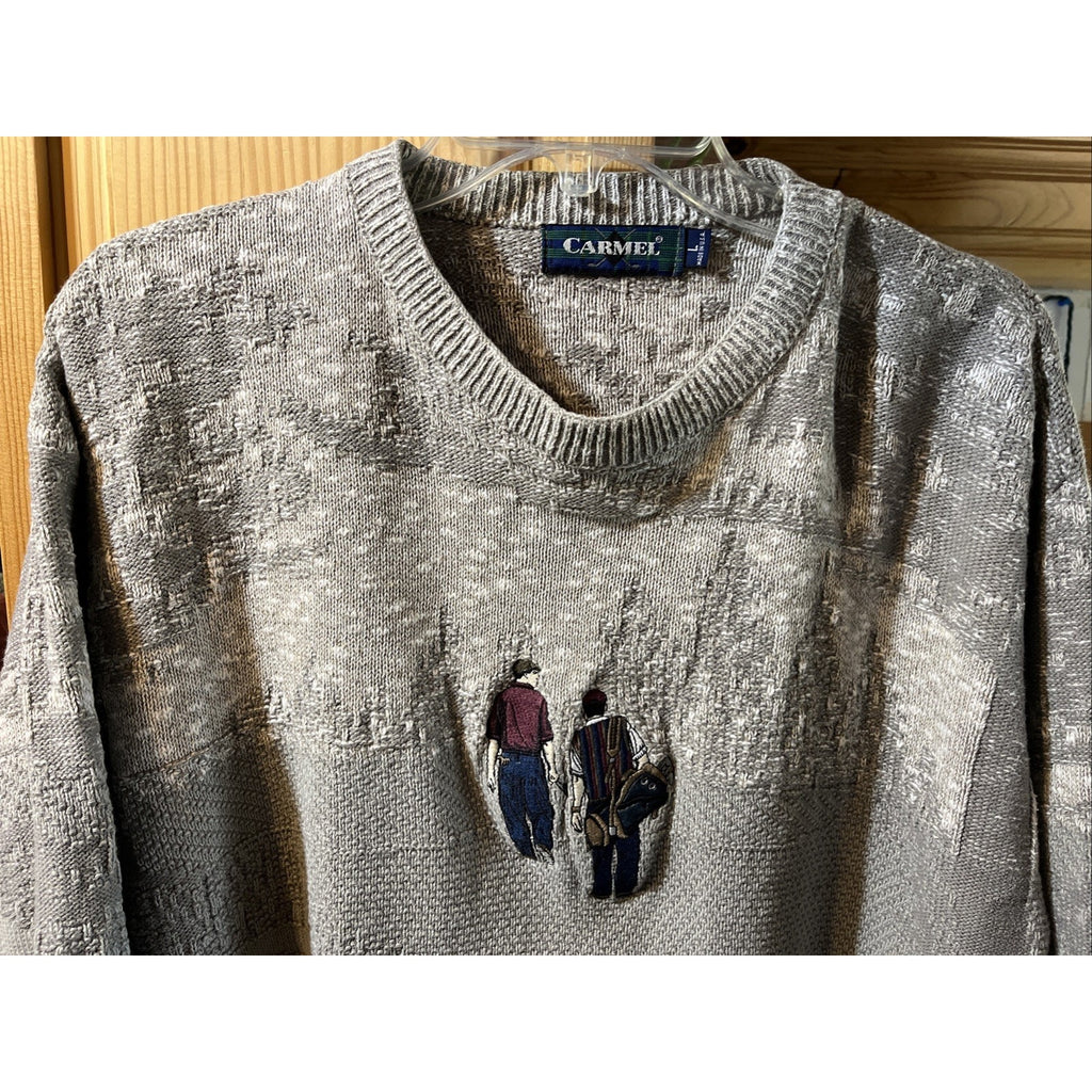 Vintage 90s Carmel Golf Embroidered Pullover Knit Sweater Size L Gray USA HOLE