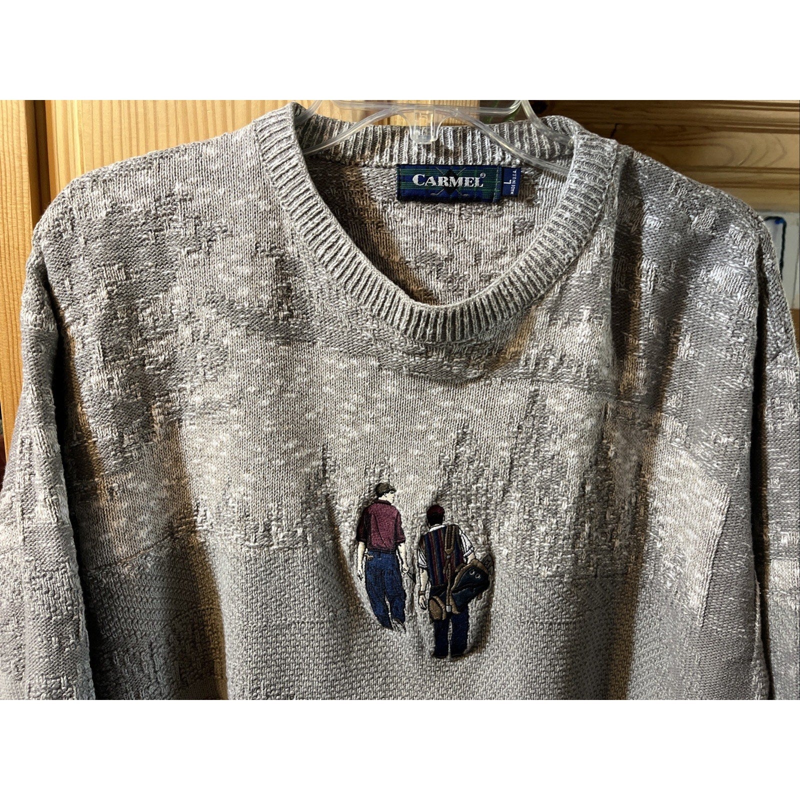 Vintage 90s Carmel Golf Embroidered Pullover Knit Sweater Size L Gray USA HOLE