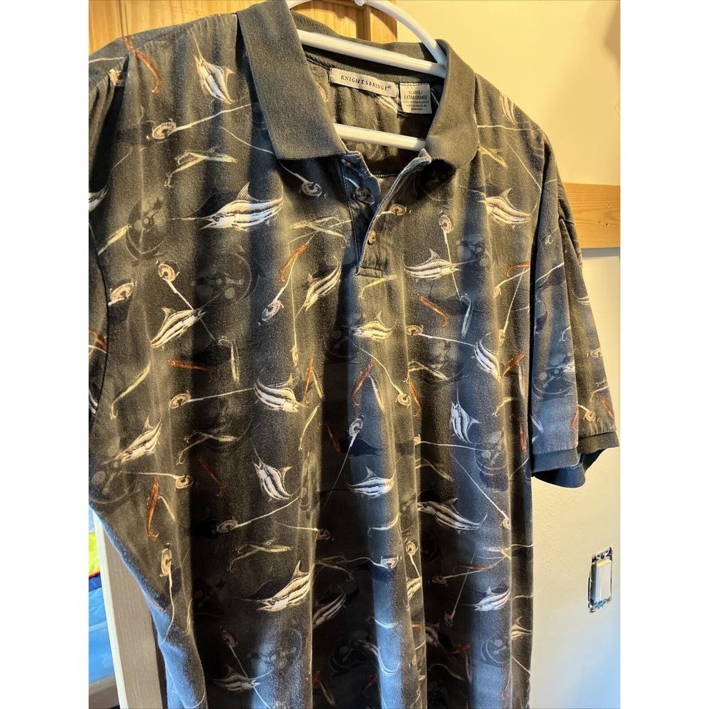 Knightsbridge VTG Shirt Mens Polo Gray Shirt Sz XL Fishing Flyrod EUC Swordfish