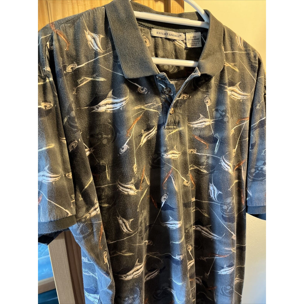 Knightsbridge VTG Shirt Mens Polo Gray Shirt Sz XL Fishing Flyrod EUC Swordfish